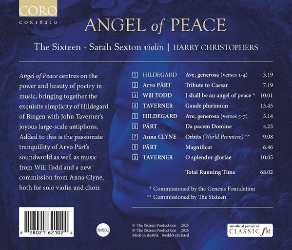 CD-Cover mit Text und Titelliste. Der Titel lautet Angel of Peace. The Sixteen ist der Künstler.