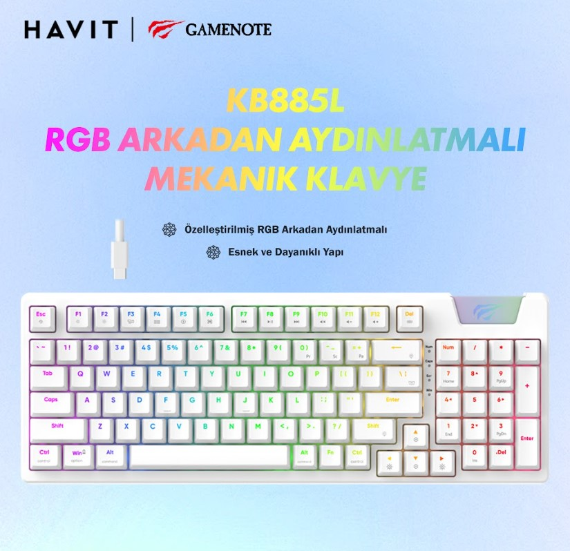 RGB aydınlatmalı beyaz bir mekanik klavye ve Türkçe metin.