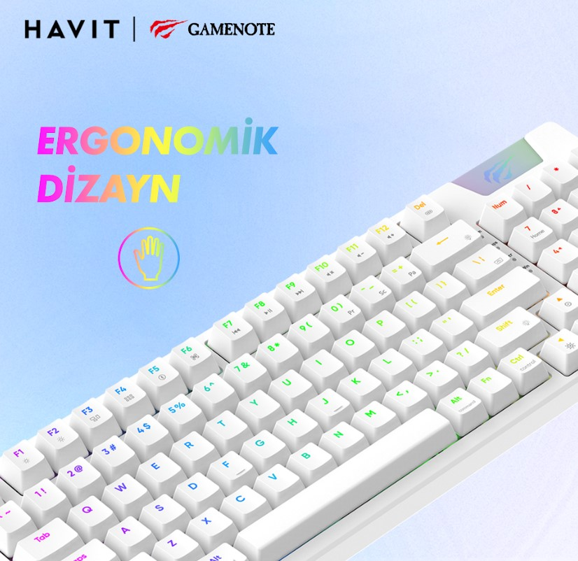 Renkli tuşlara sahip beyaz klavye, üzerinde 'ERGONOMIK DIZAYN' yazısı.