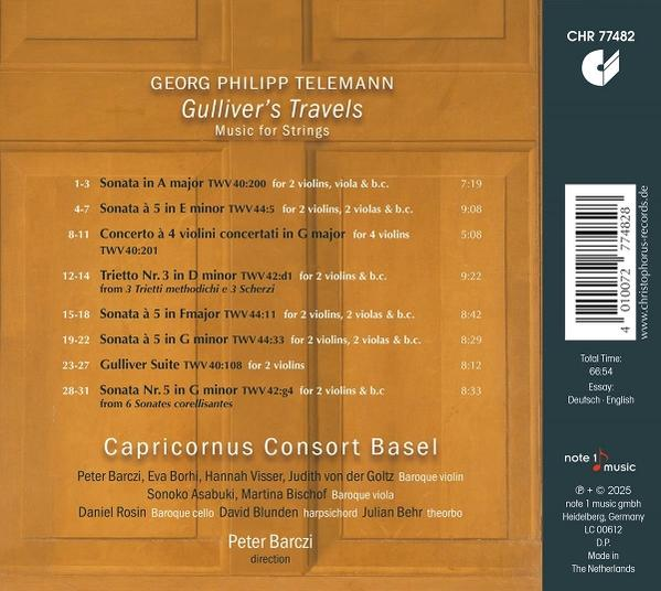 Die Rückseite einer CD mit Text und Titeln in Englisch und Deutsch.