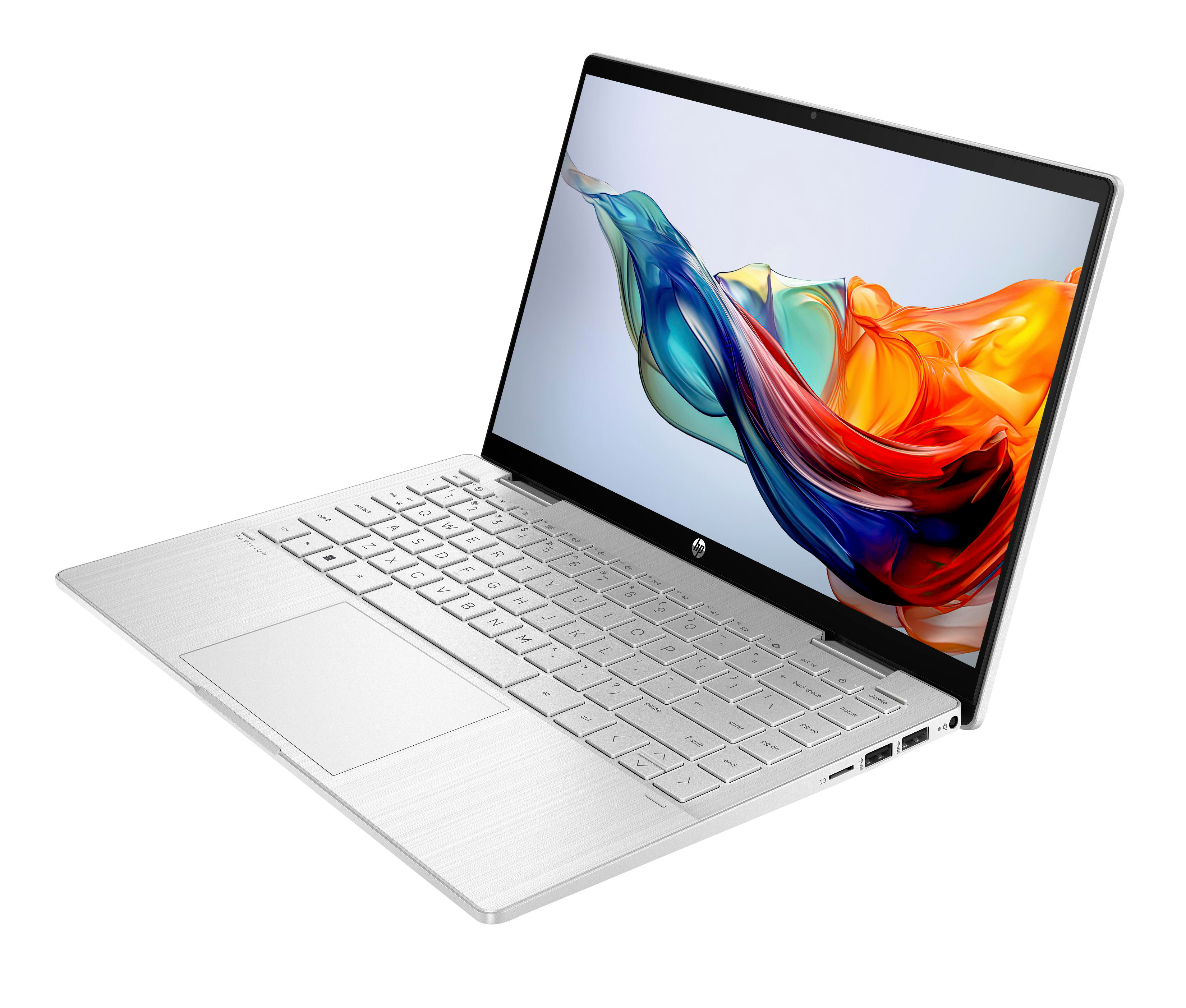 Silberner HP-Laptop, geöffnet mit farbenfrohem Display, vor weißem Hintergrund.