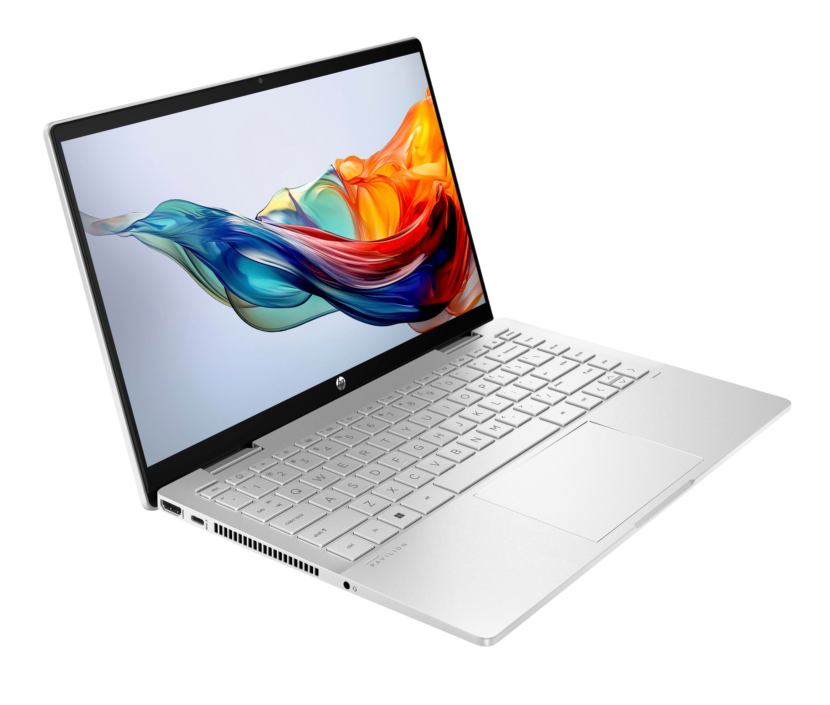 Silberner Laptop, geöffnet, Bildschirm zeigt bunte abstrakte Kunst, auf weißer Oberfläche.