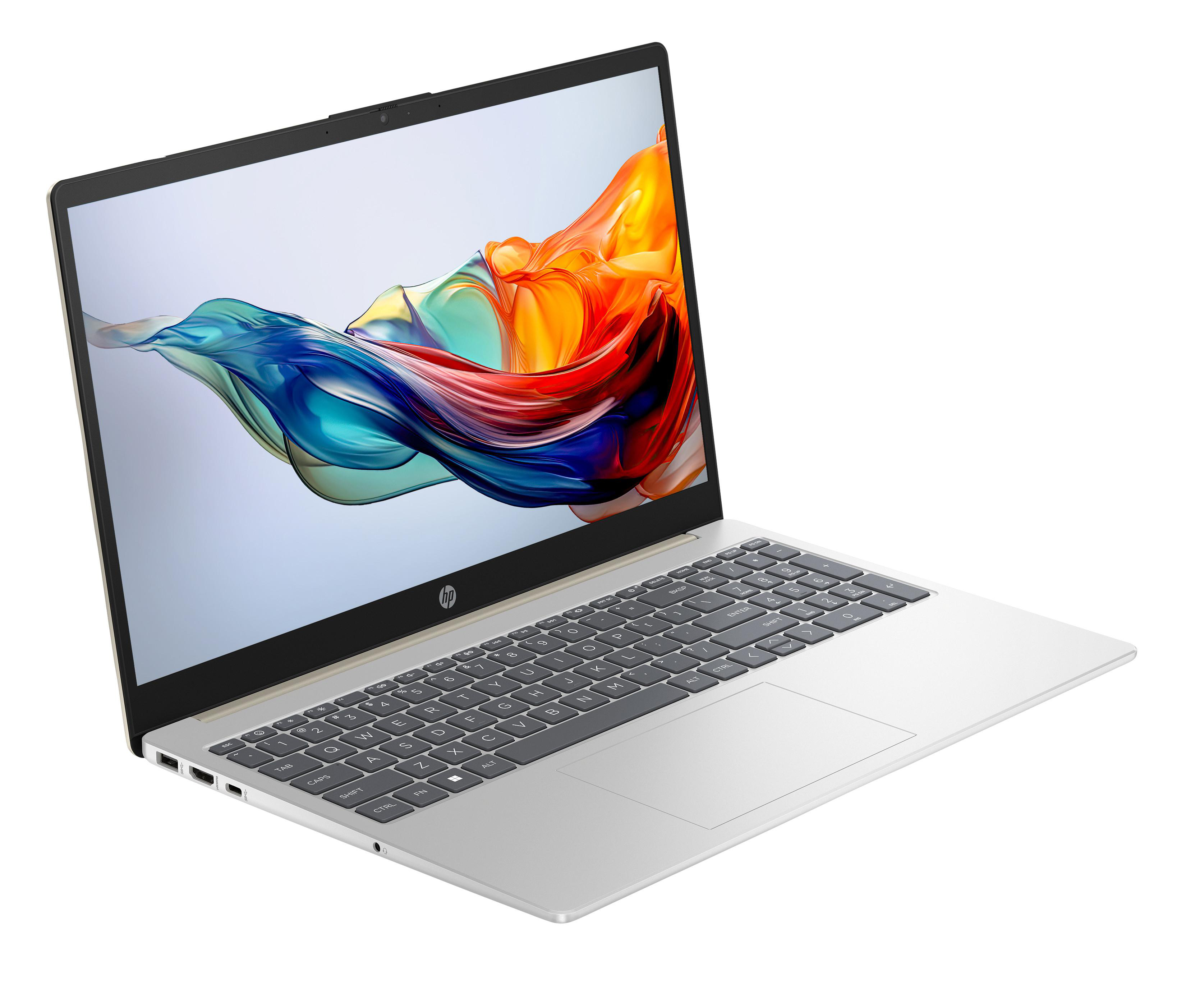 Silberner HP-Laptop, geöffnet mit farbenfrohem Display, vor weißem Hintergrund.