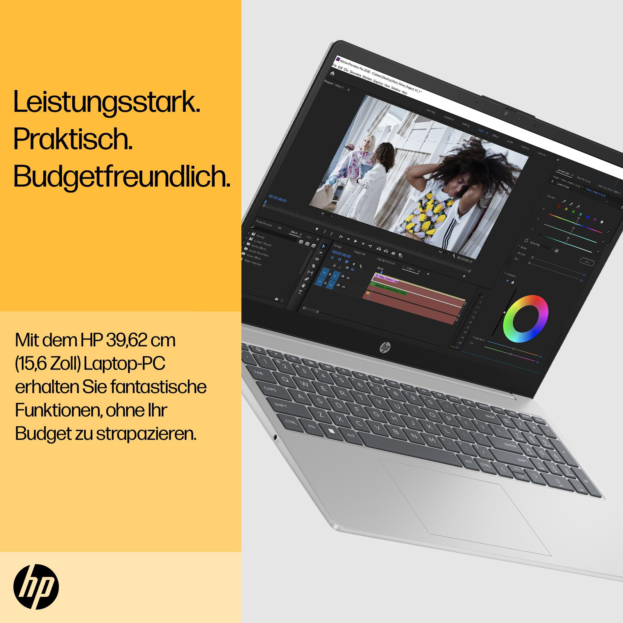 Silberner HP-Laptop, geöffnet, Bildschirm mit Software-Oberfläche. Gelber Hintergrund, Text.