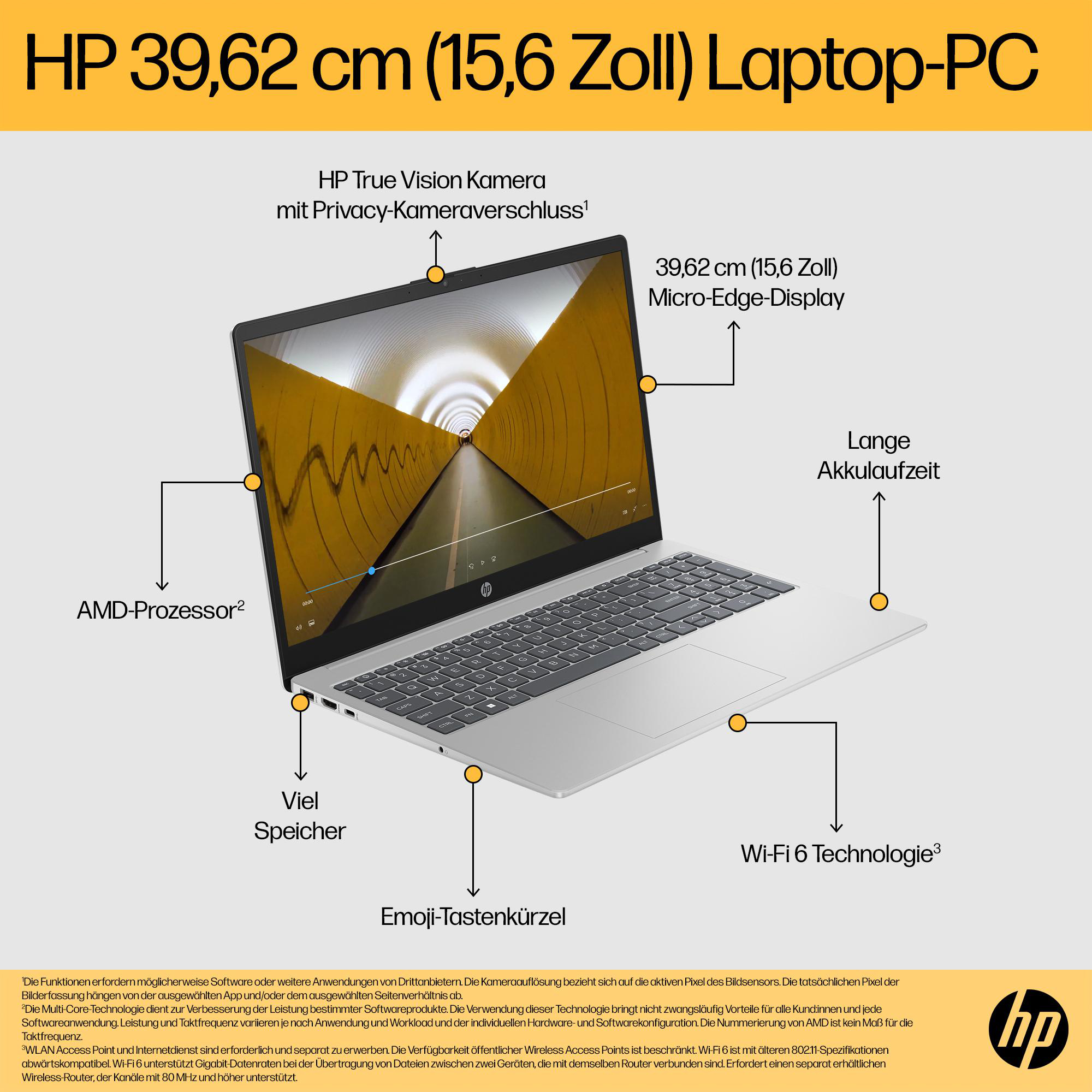 Silberner Laptop mit Text: 'HP 39,62 cm (15,6 Zoll) Laptop-PC'. Funktionen werden hervorgehoben.