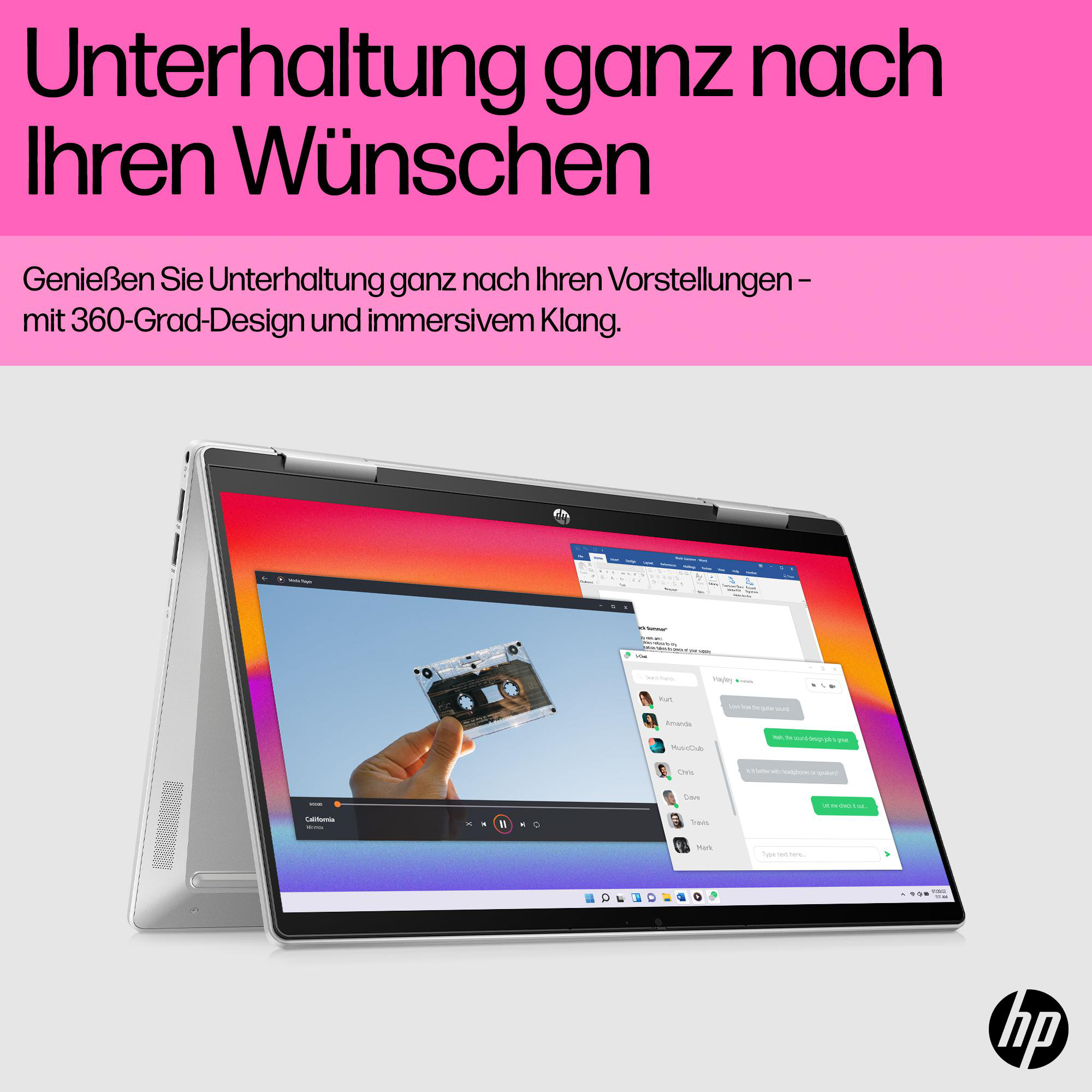 Ein silberner Laptop mit einem Bildschirm, der ein Video zeigt, und einem rosa Hintergrund.