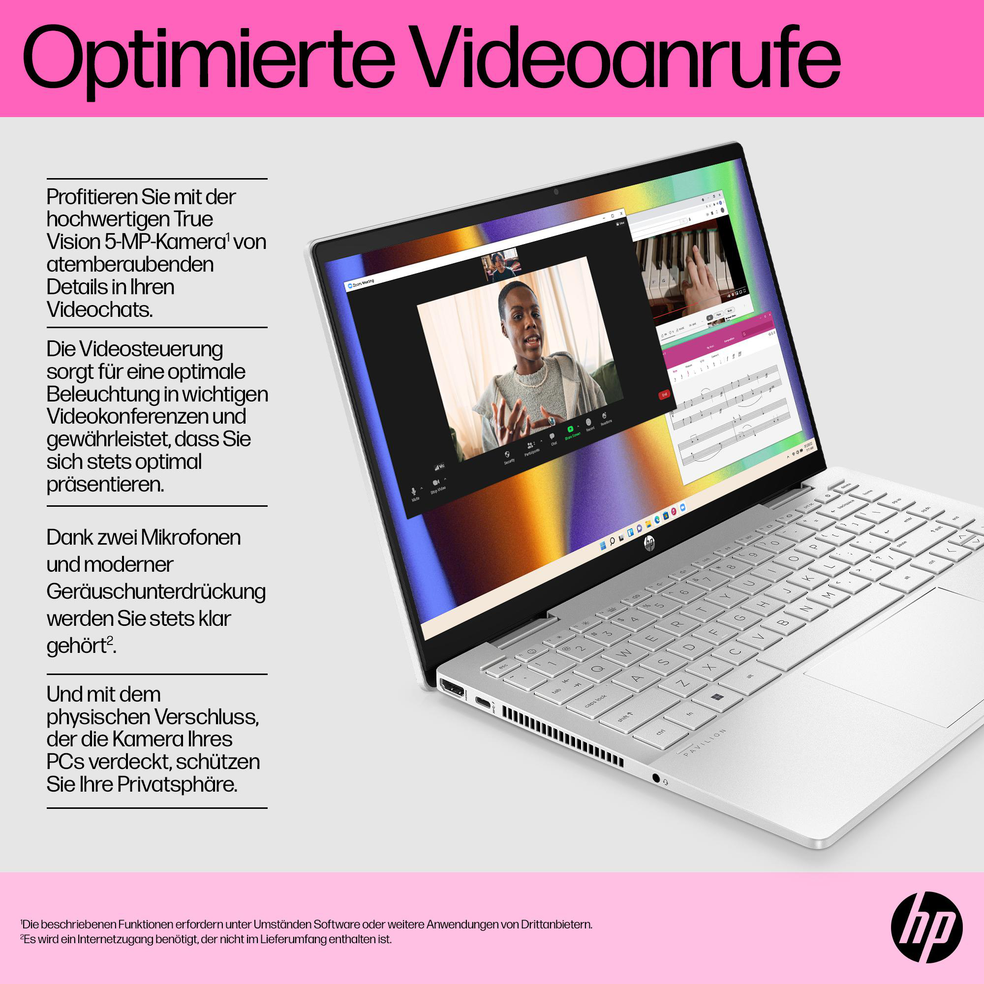 Ein Laptop-Bildschirm zeigt einen Videoanruf. Oben steht: Optimierte Videoanrufe. HP-Logo ist sichtbar.
