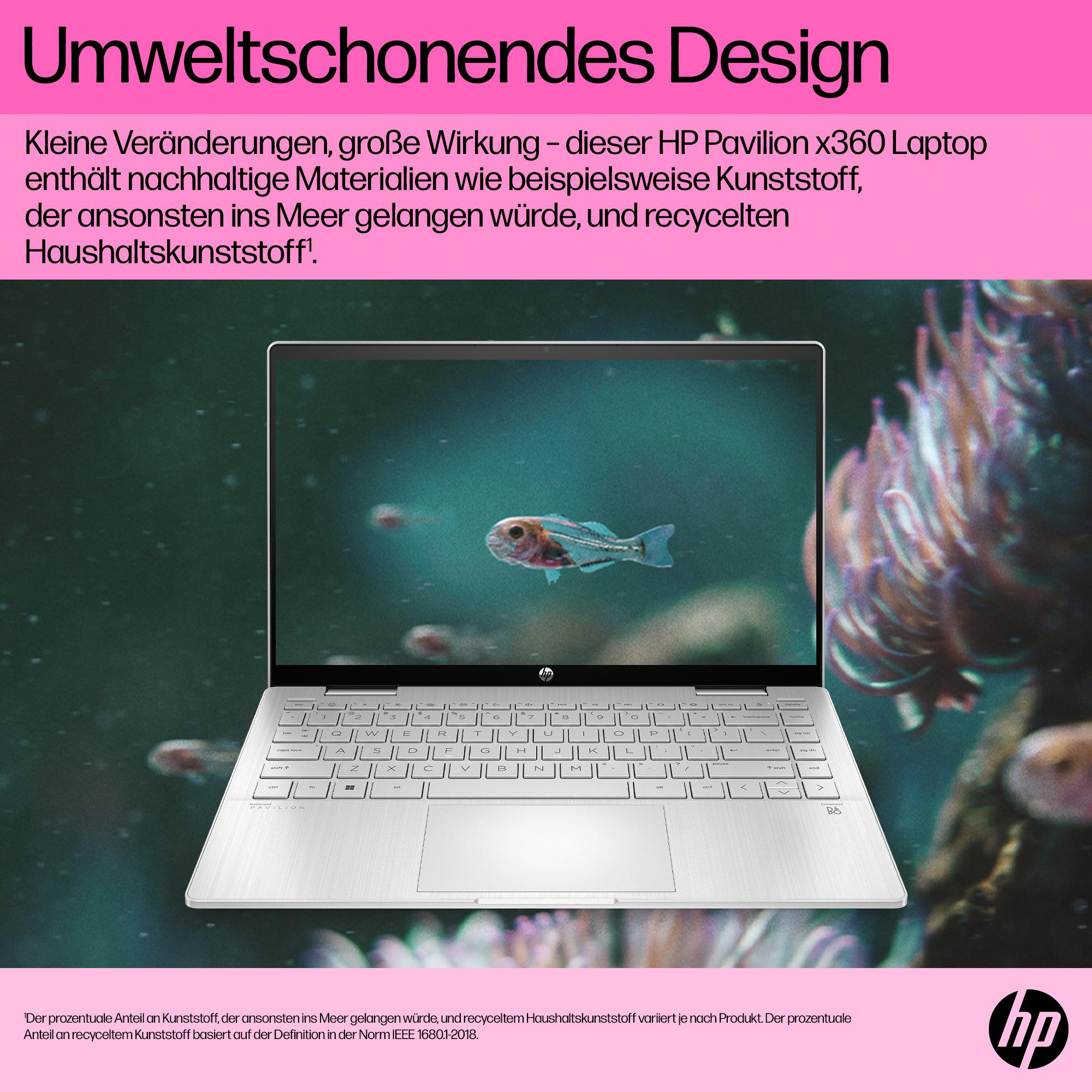 Ein silberner Laptop mit einem Fisch auf dem Bildschirm. Rosa Hintergrund.
