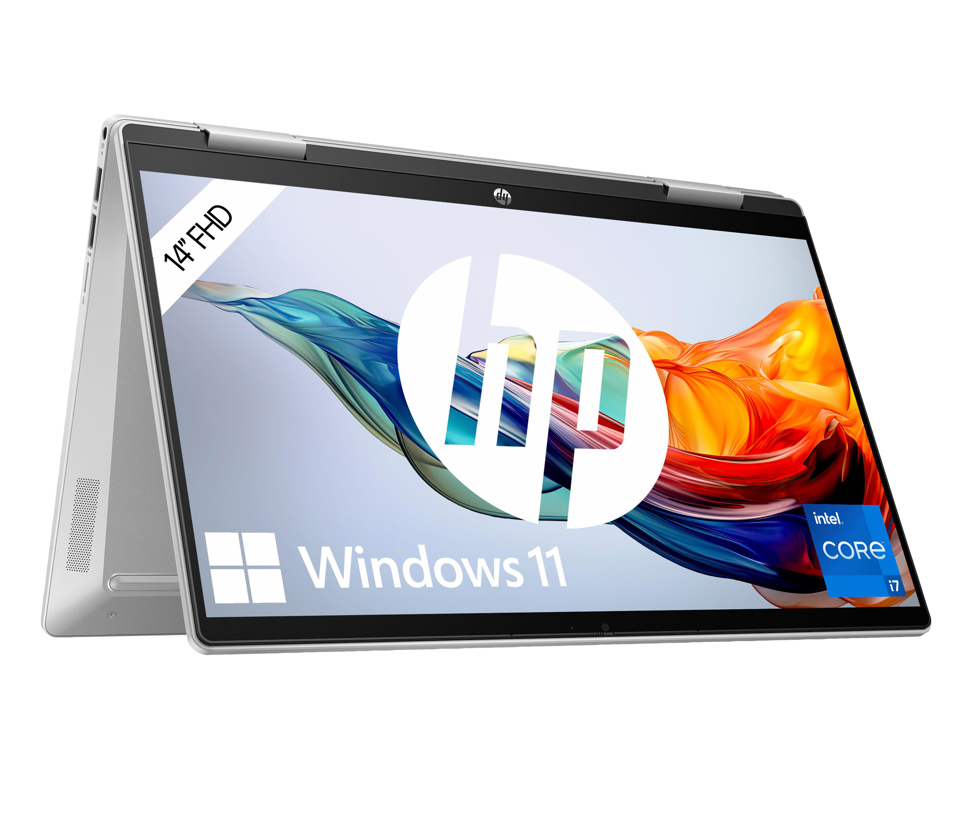 Silberner HP-Laptop, Bildschirm zeigt Windows 11-Logo und farbenfrohe abstrakte Kunst, Intel Core i7-Aufkleber, 14" FHD.