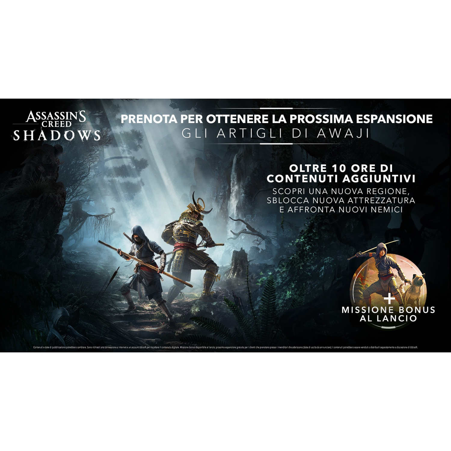 Annuncio di Assassin's Creed Shadows con due personaggi e testo.