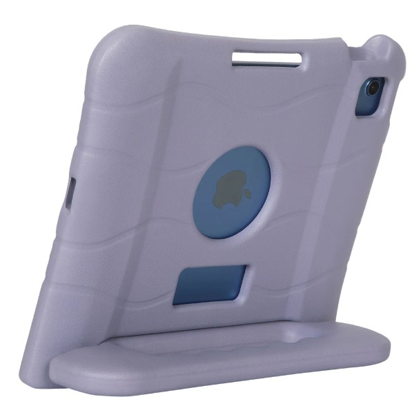 Açık mor bir iPad kılıfı ve standı. Mavi daire içinde Apple logosu var. Arka plan beyaz.