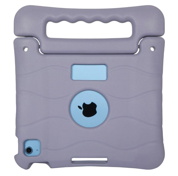 Açık mavi bir Apple logosu ve bir tutamağı olan mor iPad kılıfı, siyah arka plan.