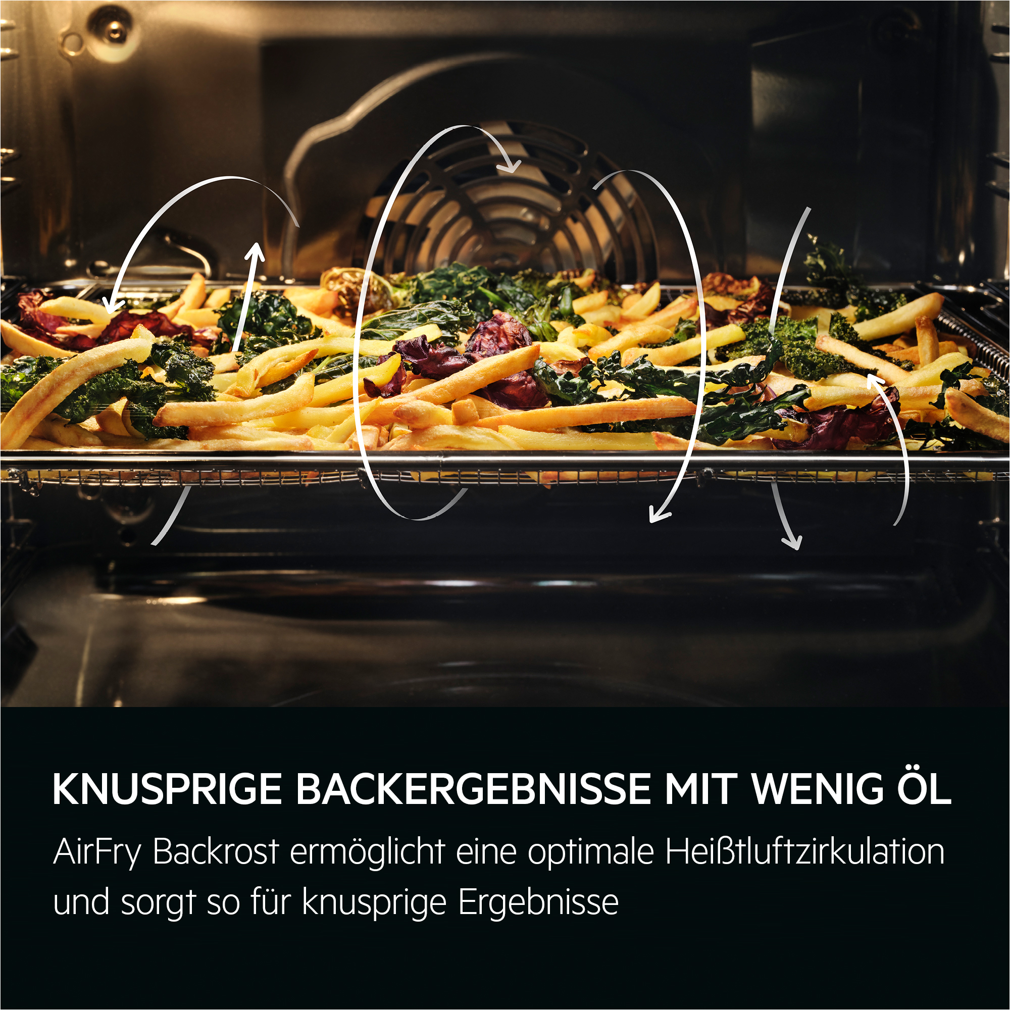 Ein Backofen-Innenraum mit Pommes und Gemüse auf einem Rost. Weiße Pfeile deuten auf den Luftstrom hin.