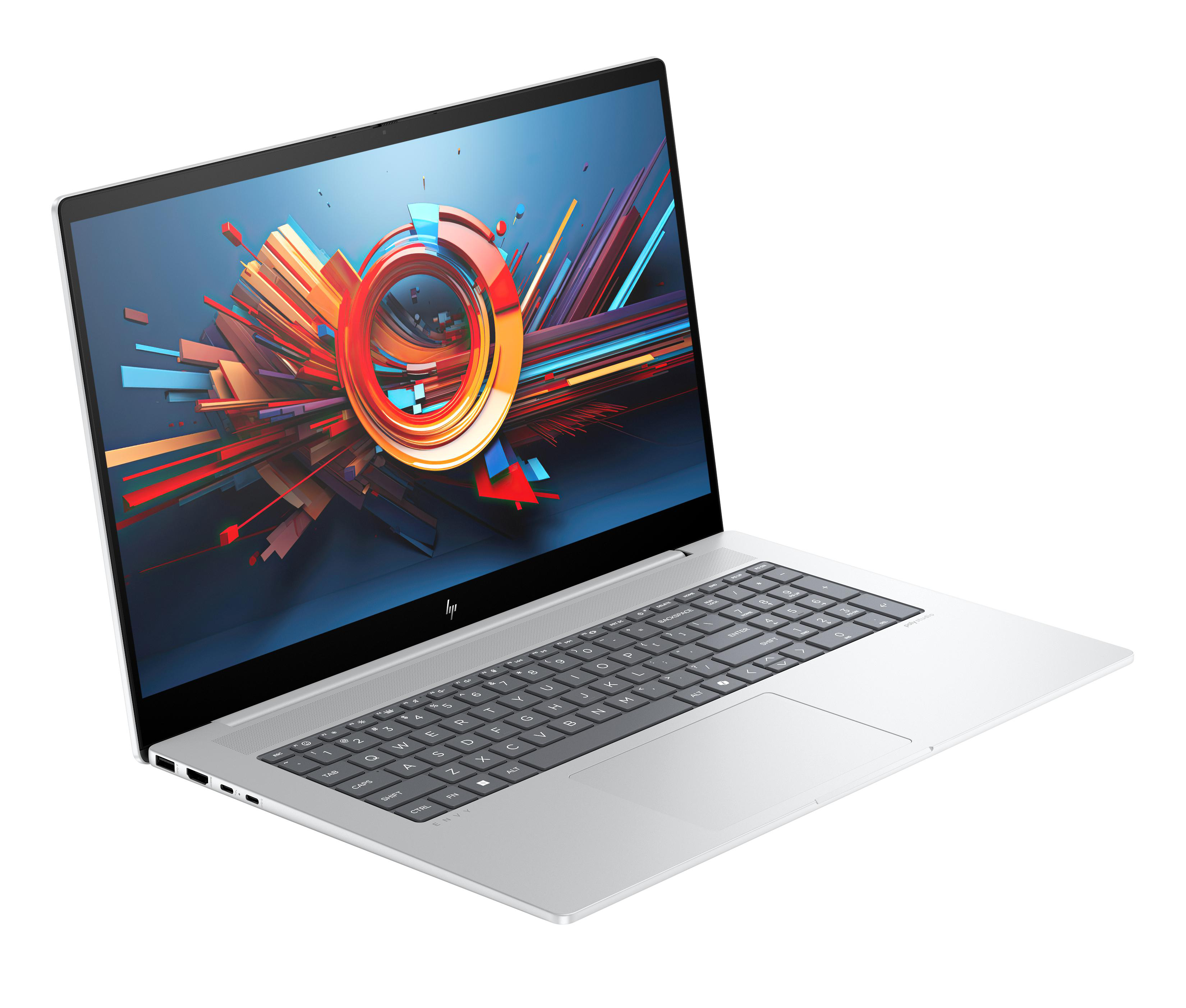 Ein Laptop auf weißem Hintergrund, mit silbernem Gehäuse und farbenfrohem Bildschirm.