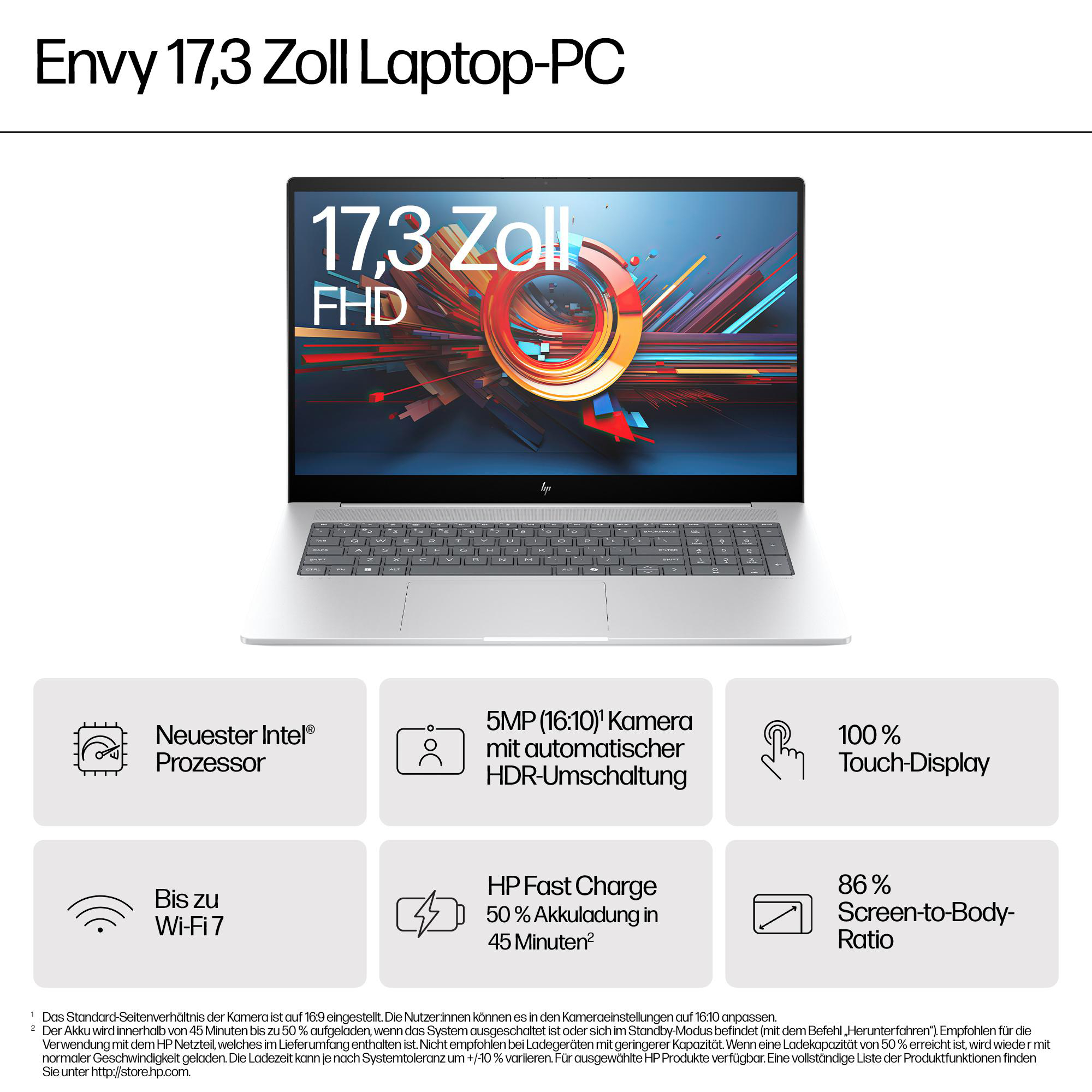 Laptop mit Text und Symbolen. Beschreibt die Spezifikationen. Weißer Hintergrund.