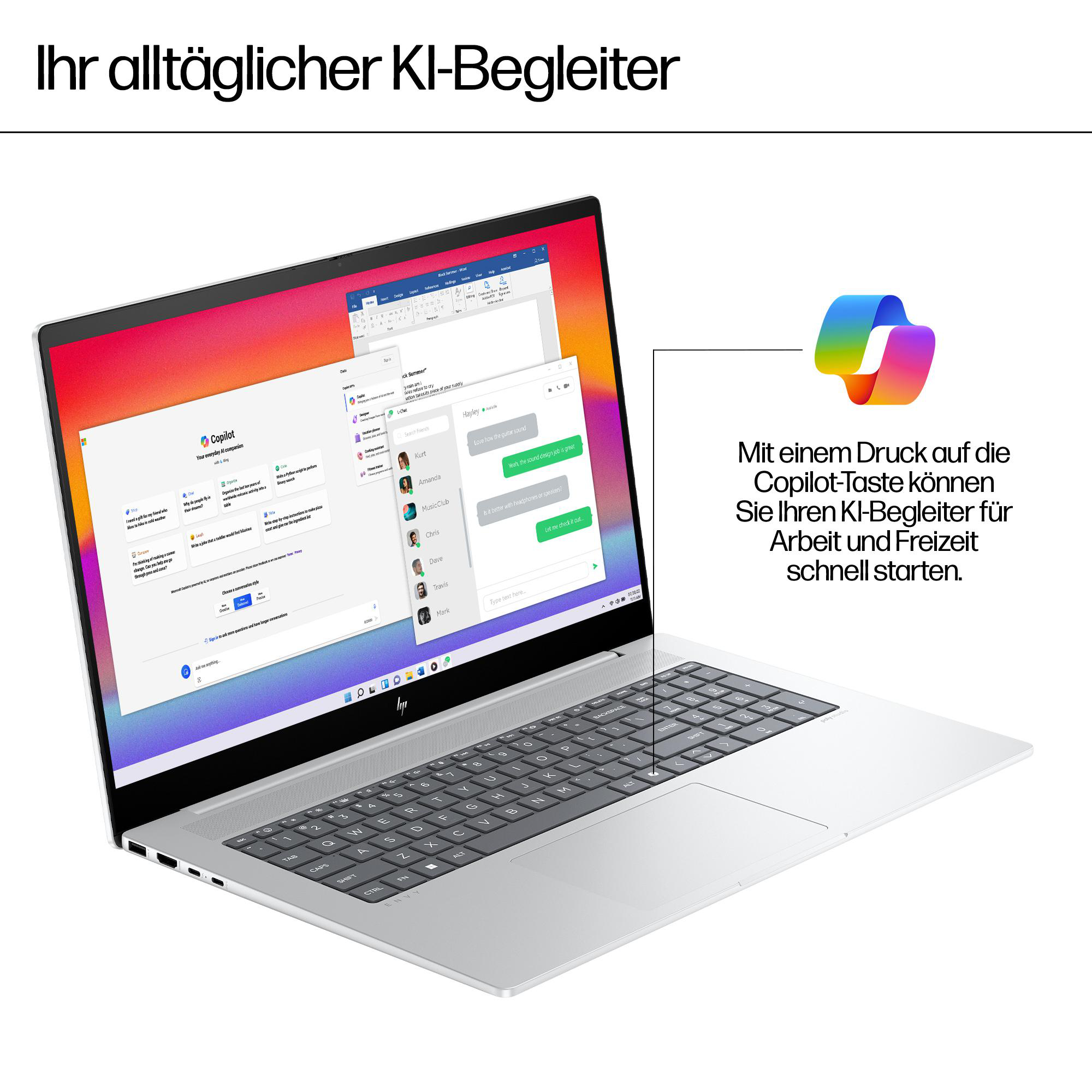 Silberner Laptop geöffnet auf weißer Oberfläche, zeigt einen Bildschirm mit Benutzeroberfläche. Hintergrund ist weiß.