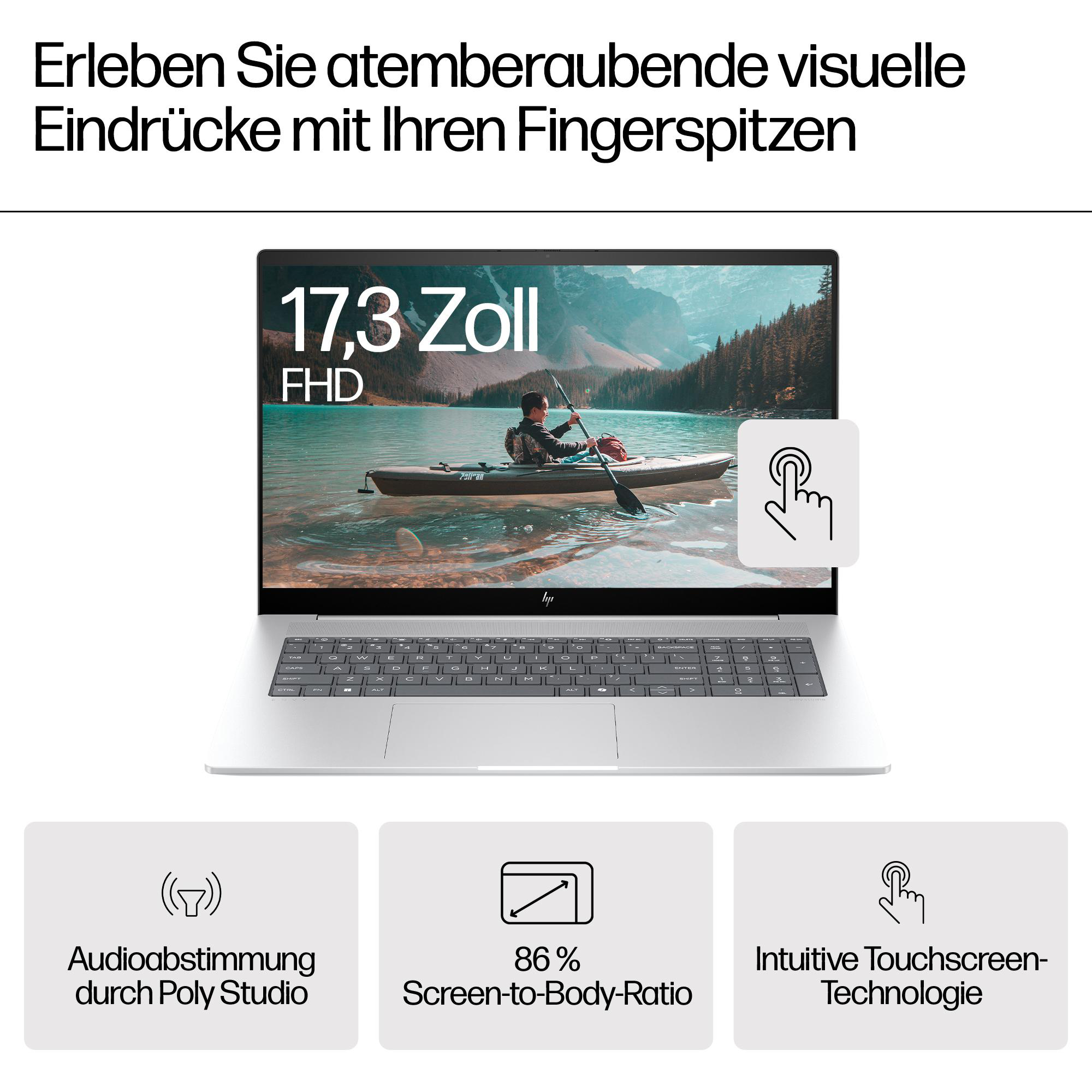 Ein Laptop zeigt einen Mann beim Kajakfahren. Text: Audio-Tuning, 86 % Bildschirm-zu-Körper-Verhältnis, intuitive Berührung.