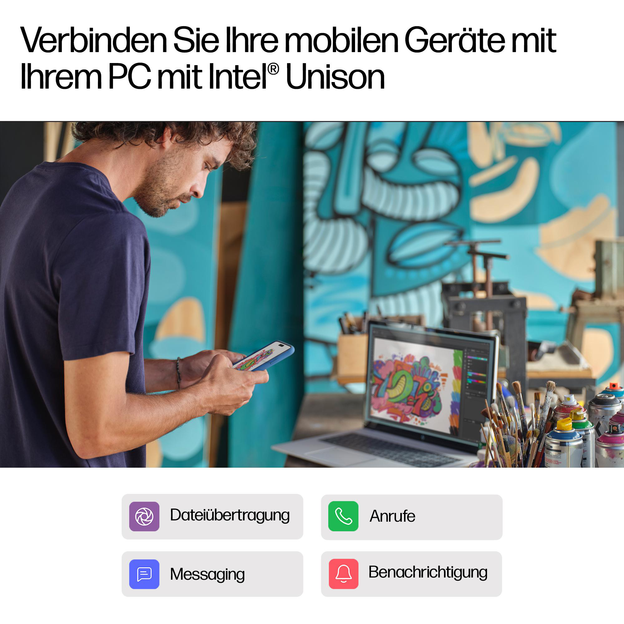 Ein Mann, der ein Telefon verwendet, das mit einem Laptop verbunden ist, mit Symbolen darunter.