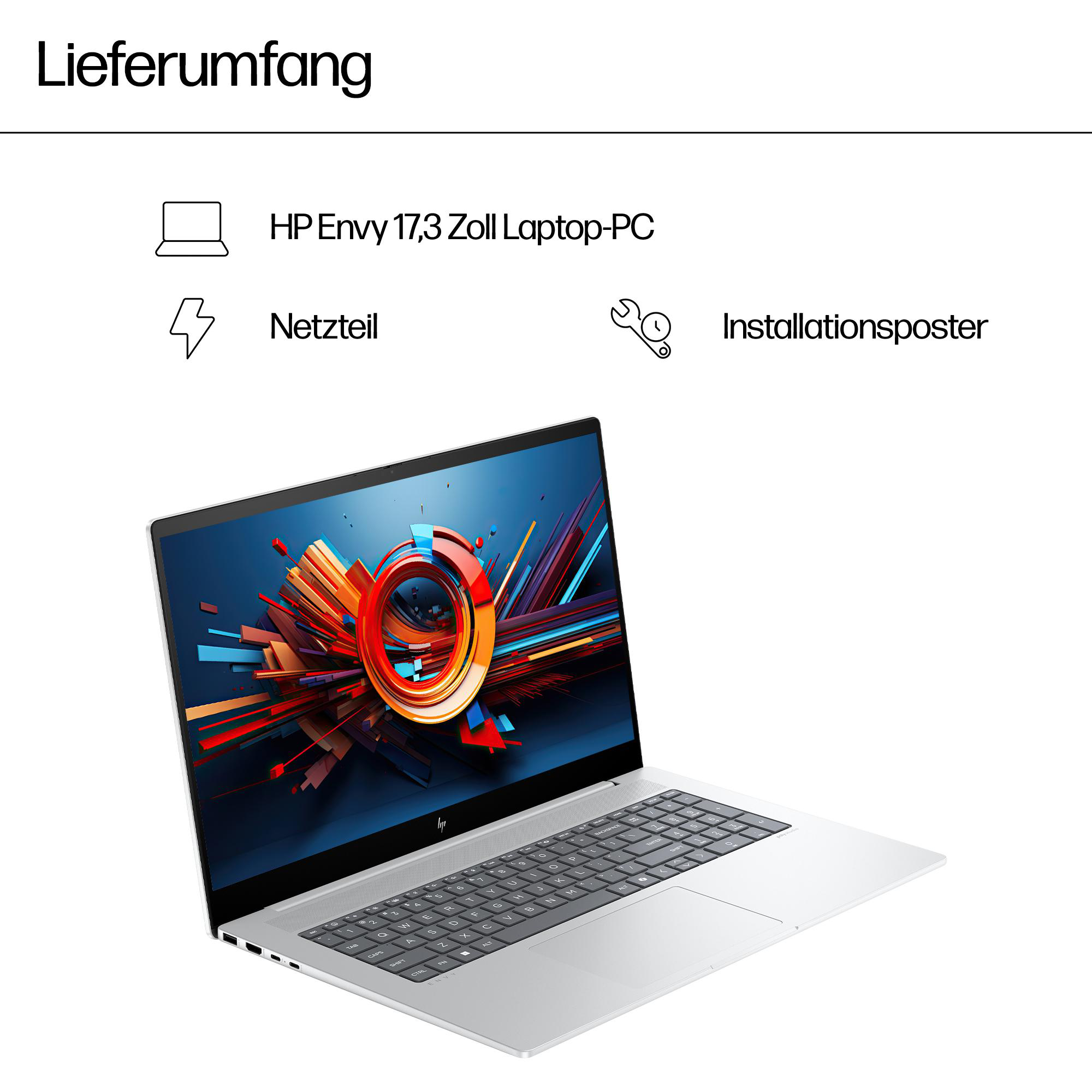 Laptop, Netzteil und Installationsposter. Ein silberner Laptop auf weißem Hintergrund.