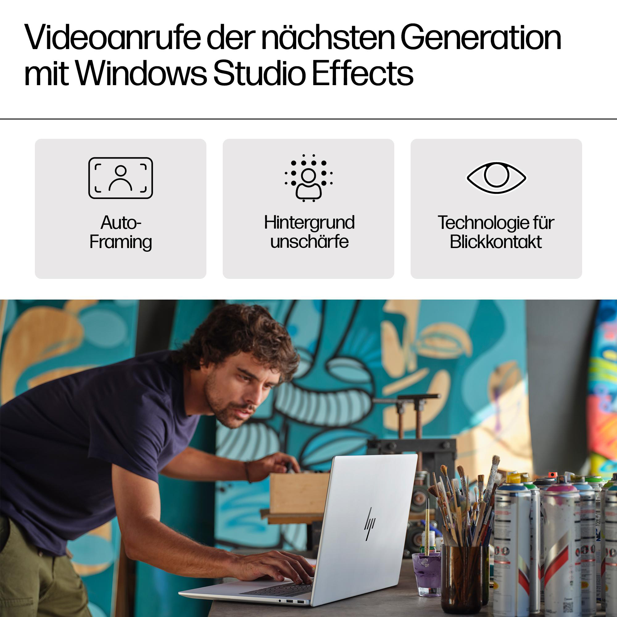 Ein Mann benutzt einen Laptop, darüber drei Symbole. Der Text ist deutsch.