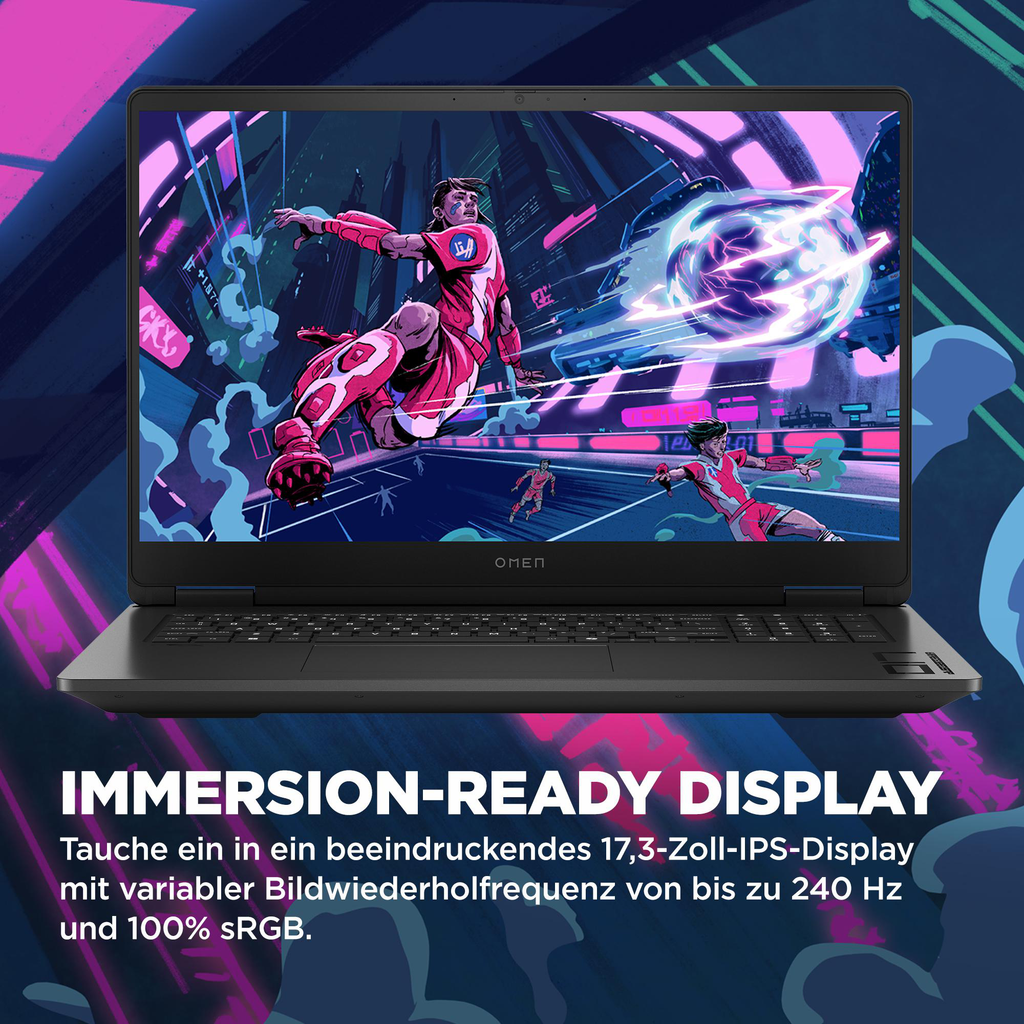 Laptop-Bildschirm mit Spielgrafik. Schwarze Basis, Tastatur mit blauen Akzenten. Weißer Text.