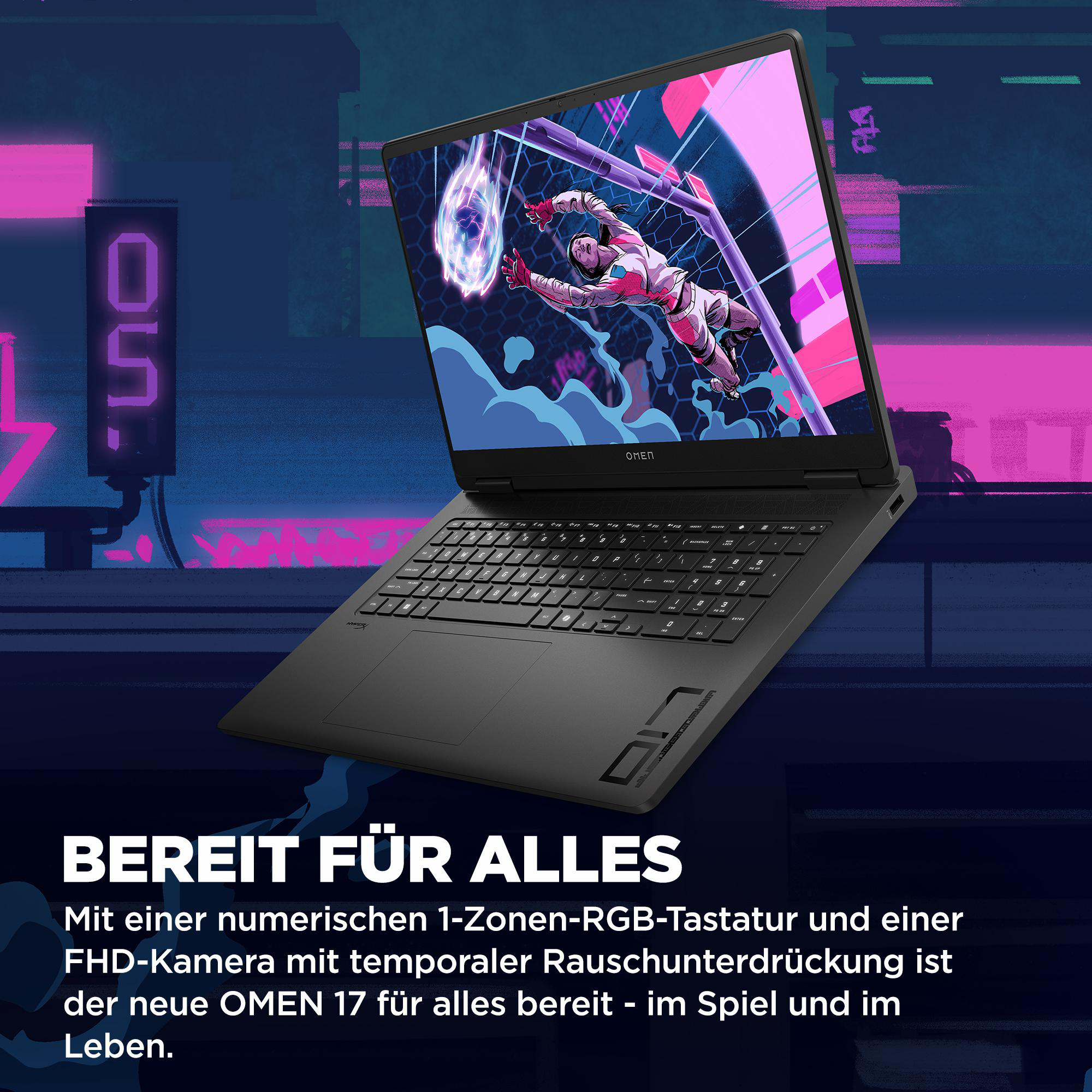 Schwarzes OMEN-Laptop vor Neonhintergrund, Spielszene. Text: 'BEREIT FÜR ALLES'.