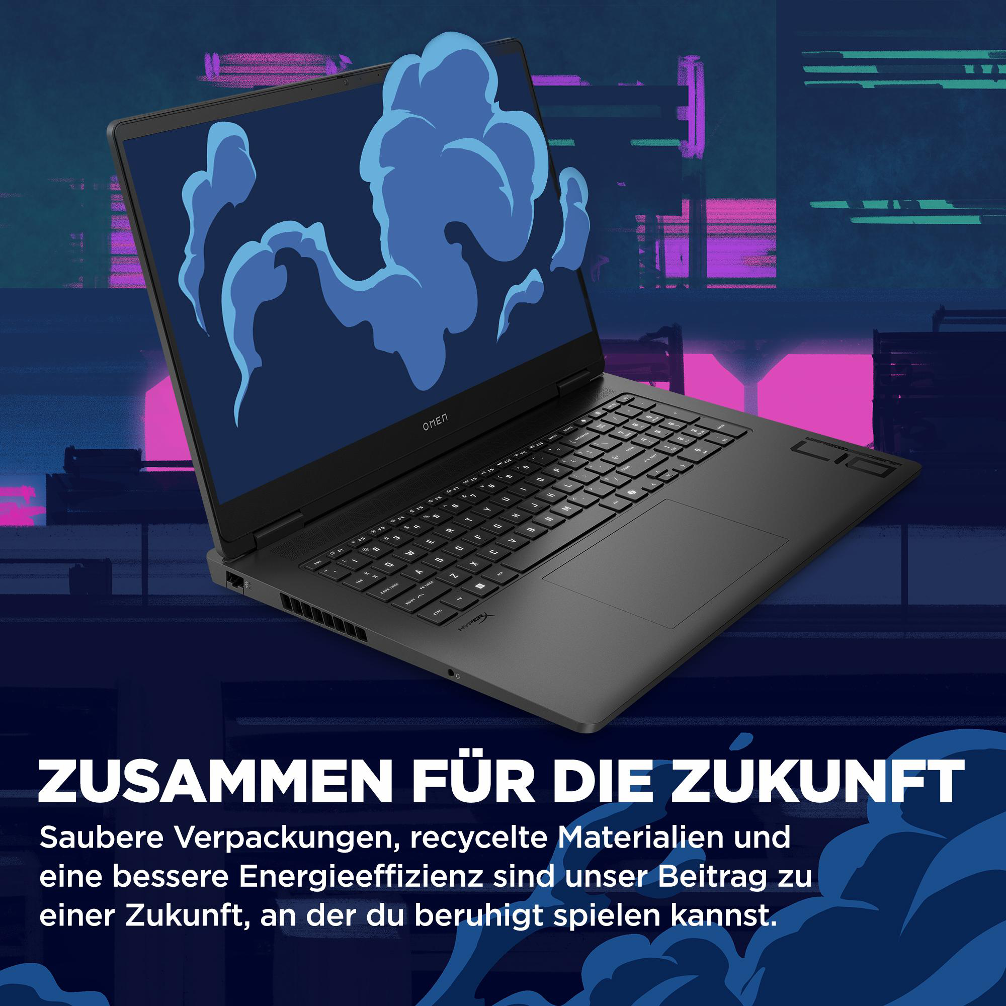 Ein schwarzer Laptop mit Rauchgrafiken auf dem Bildschirm, mit Text.