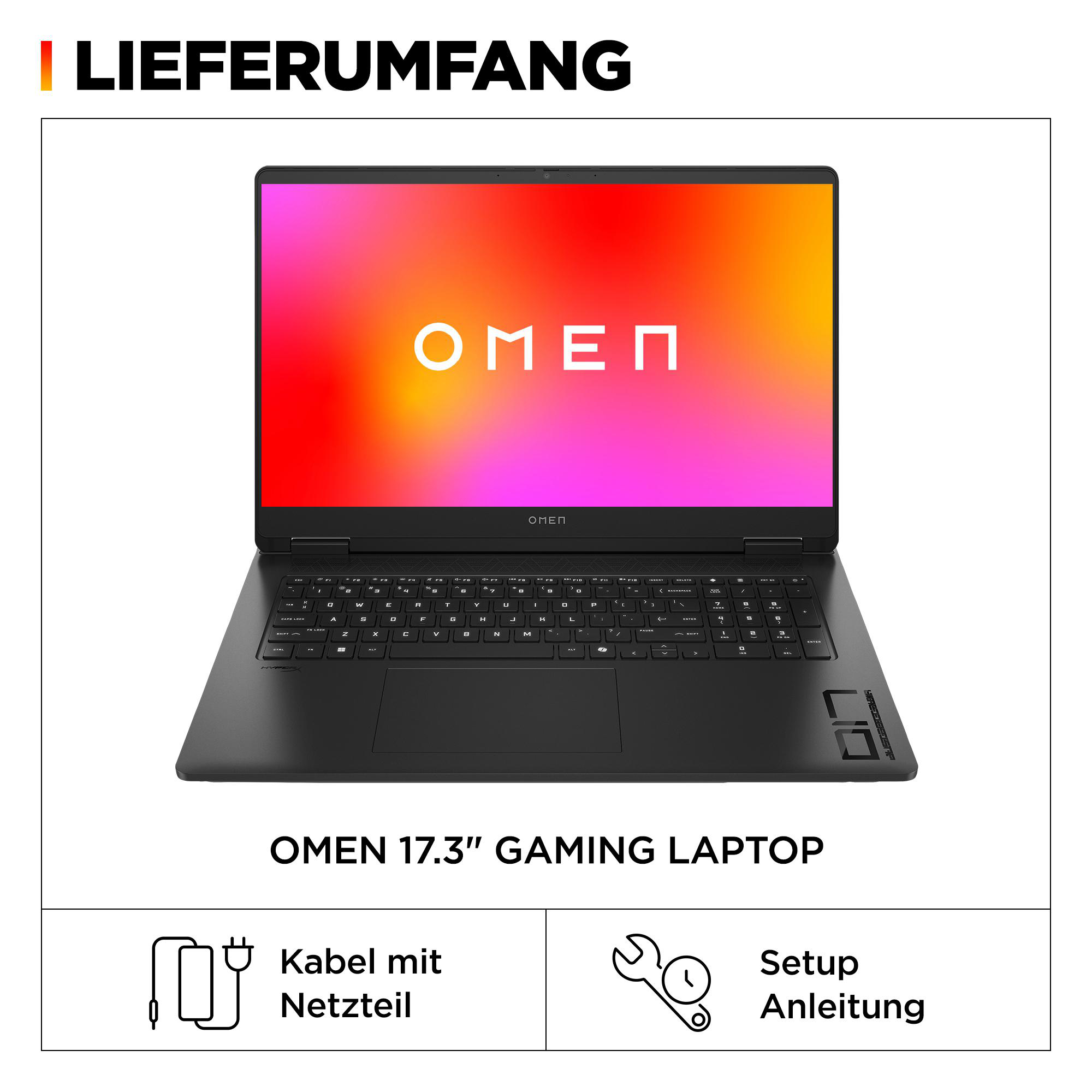 Ein schwarzer Laptop mit einem Bildschirm, der das OMEN-Logo zeigt, und Zubehör.