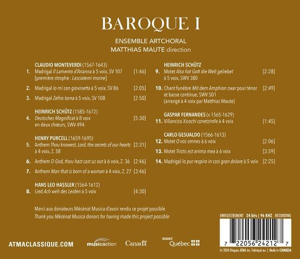 Die Rückseite eines Barockmusik-CD-Covers mit Text und Titelliste wird gezeigt.