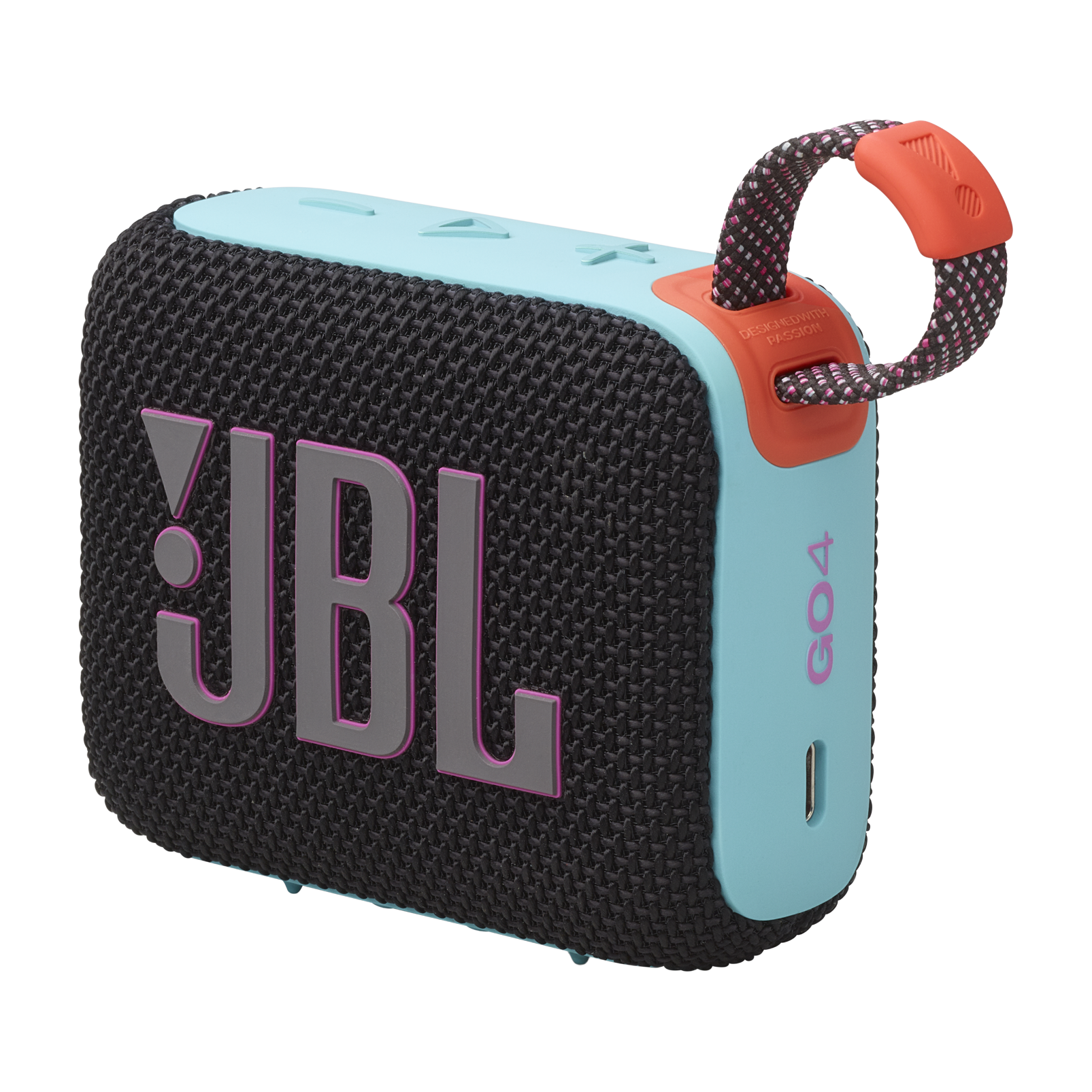 Siyah ve turkuaz JBL GO4 hoparlör, pembe logo ve turuncu kayış ile. Siyah zemin.