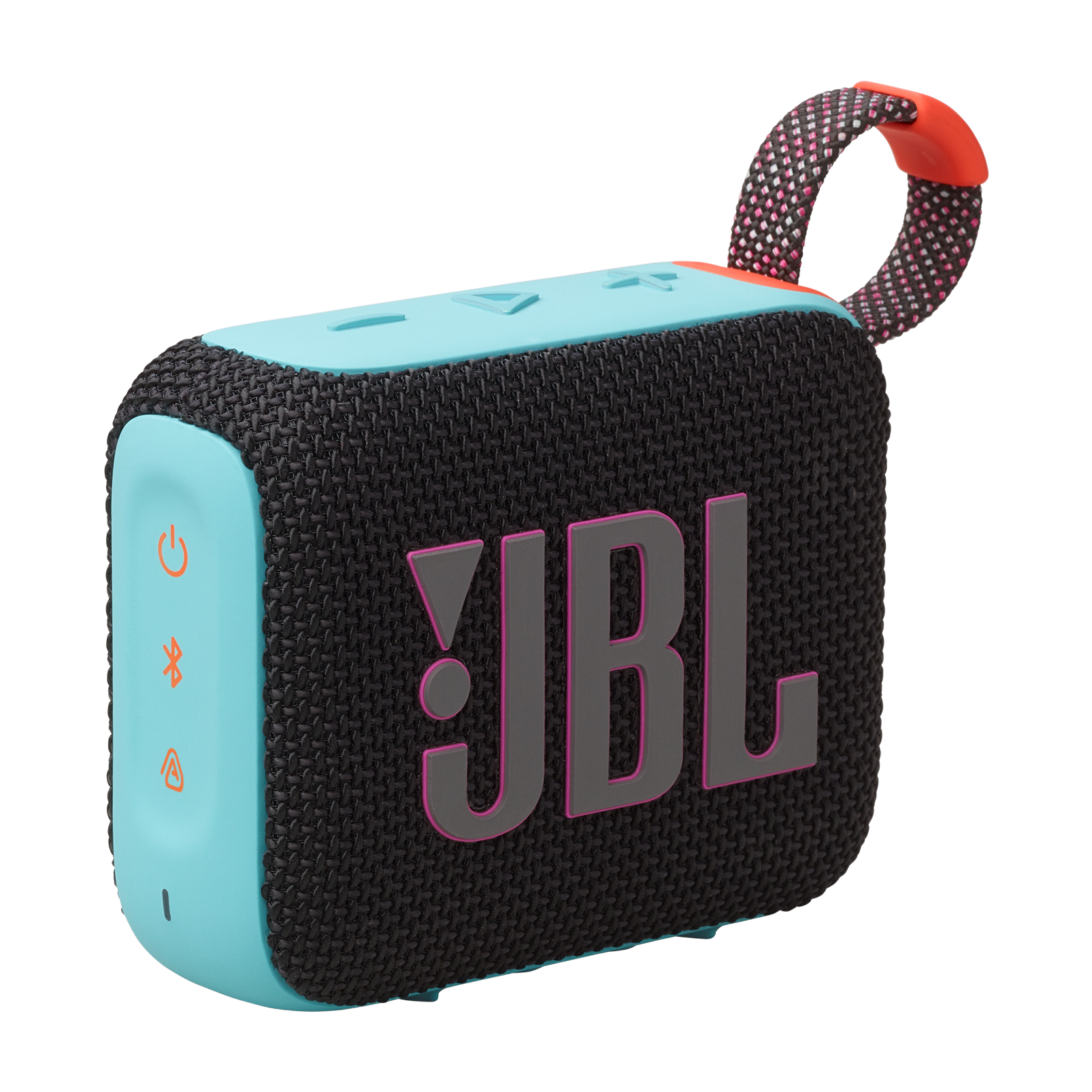 JBL taşınabilir hoparlör, turkuaz ön yüz ve siyah ağız gövde. Pembe JBL logosu.