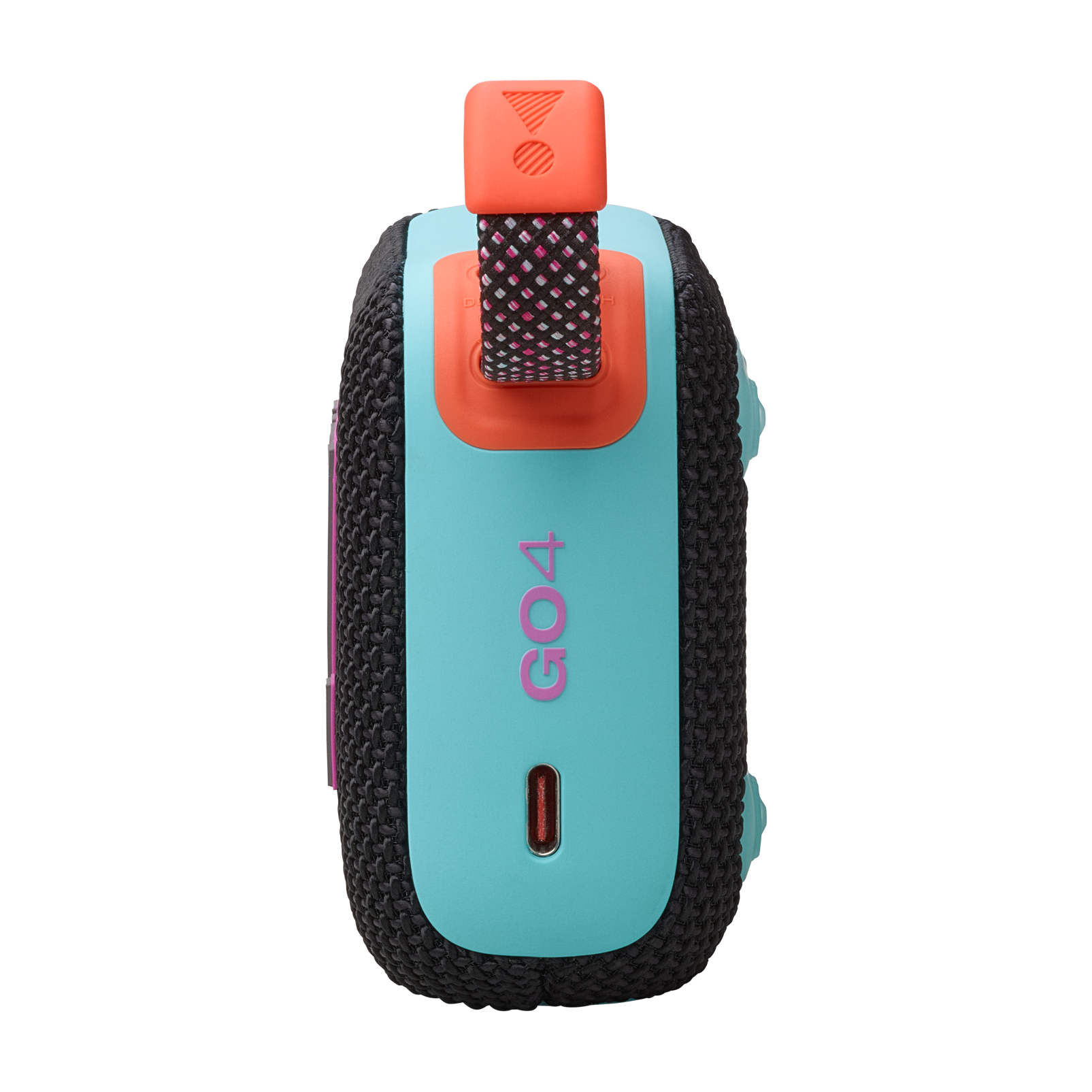 Siyah ve turkuaz JBL GO4 hoparlörün yan görünümü, pembe logo ve turuncu kayış ile.