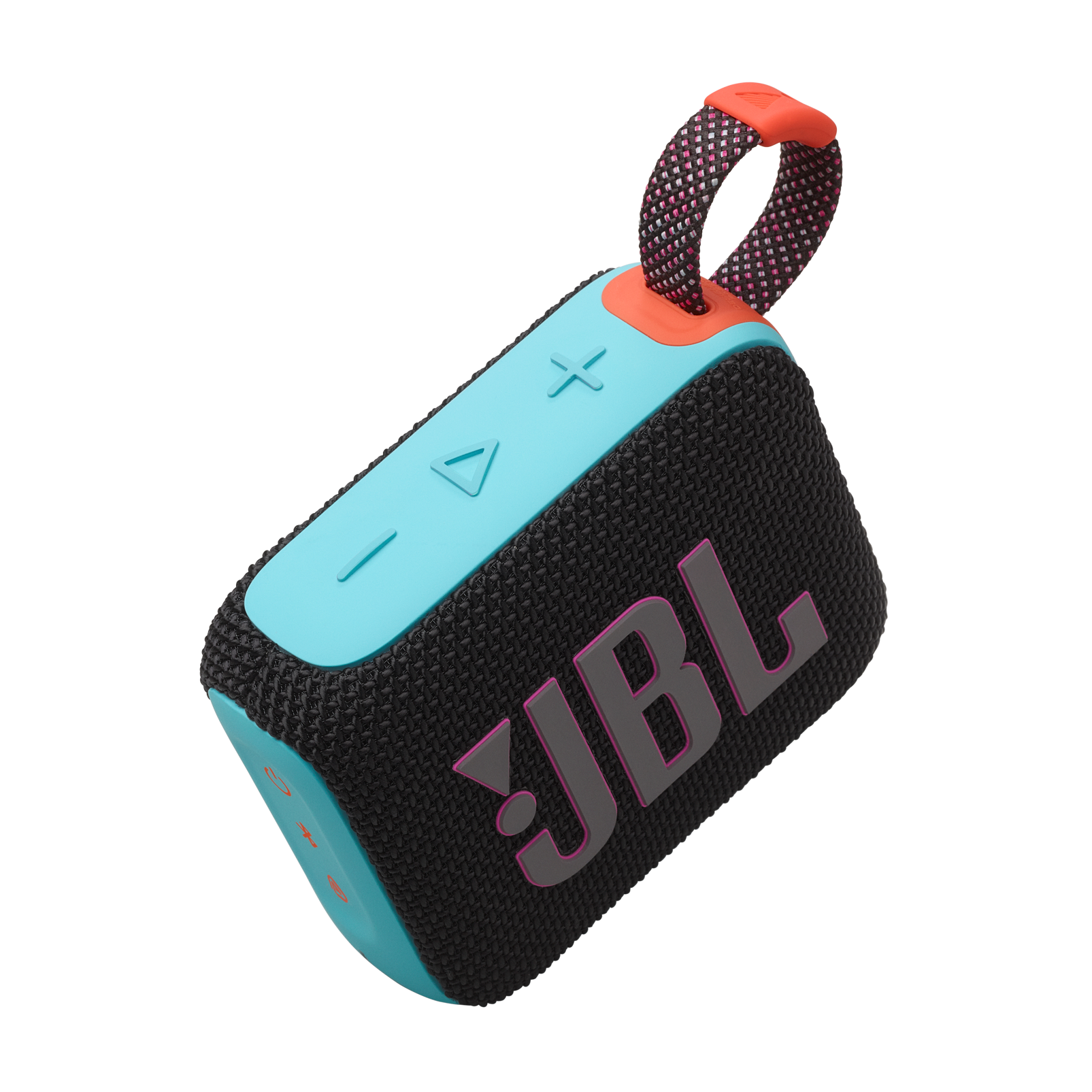 Siyah ve turkuaz JBL GO4 hoparlörün açılı görünümü, pembe logo ve turuncu vurgular ile.