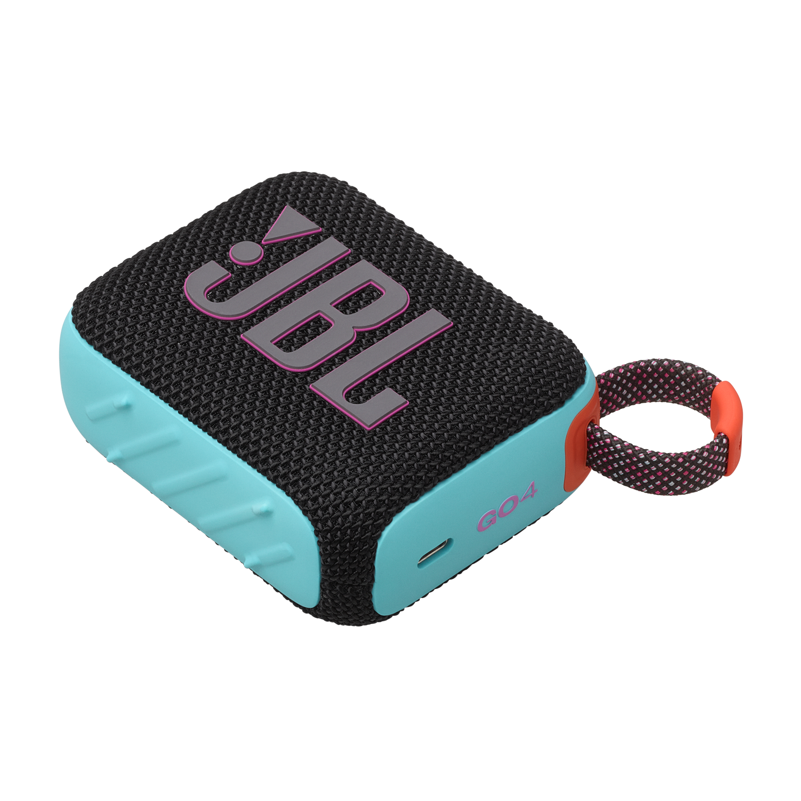 Siyah JBL Go 4 hoparlör, pembe ve mavi vurgularla.