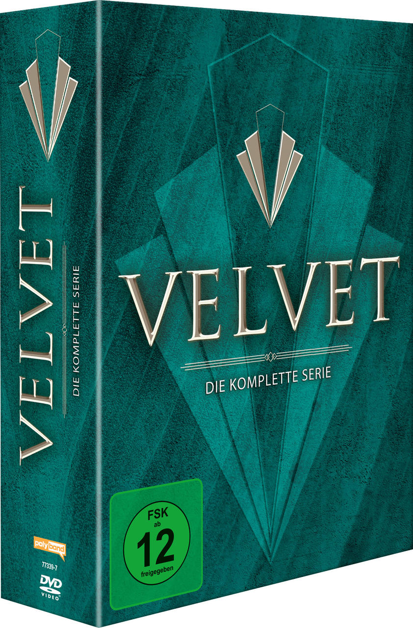 DVD-Box-Set von 'Velvet'. Türkis und Goldfarben. Text auf dem Rücken: 'Velvet'. FSK 12-Logo.