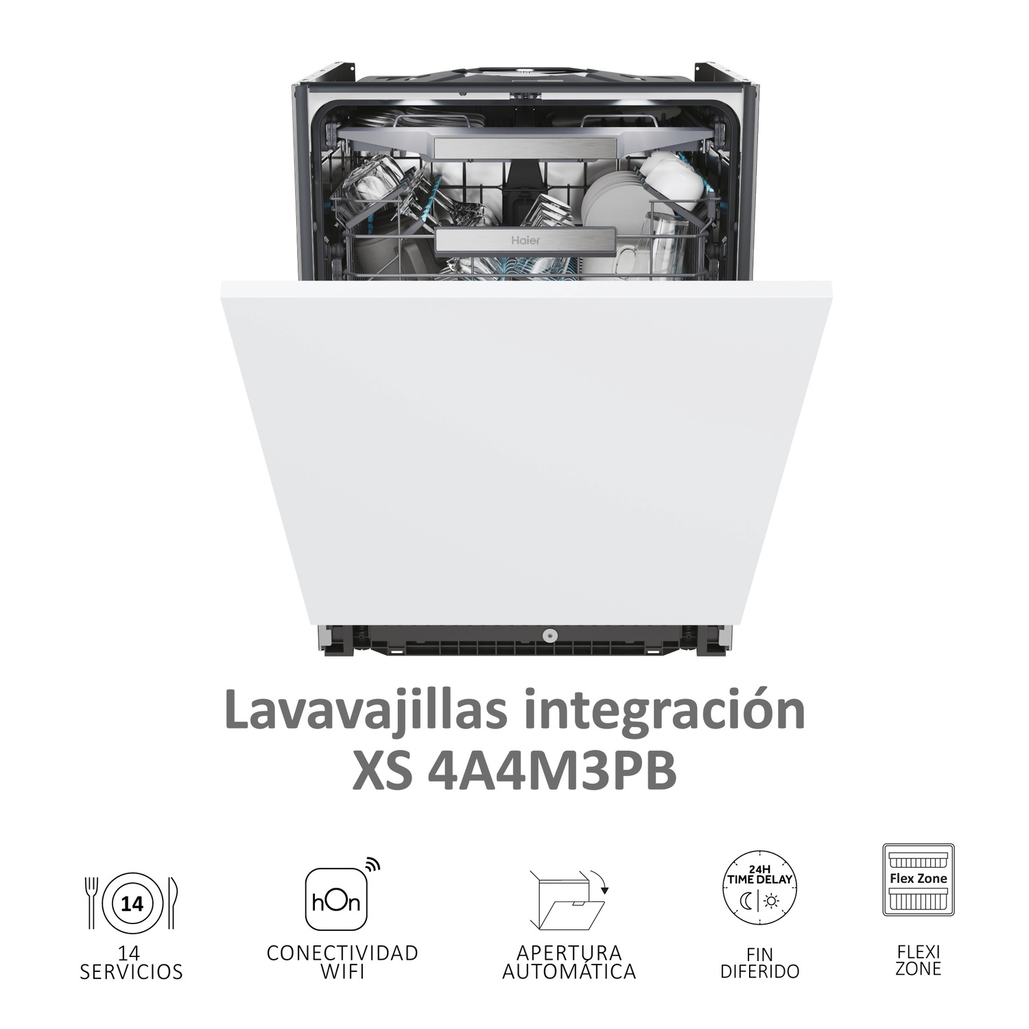 Lavavajillas con puerta abierta, mostrando platos dentro. Puerta blanca con texto e iconos.