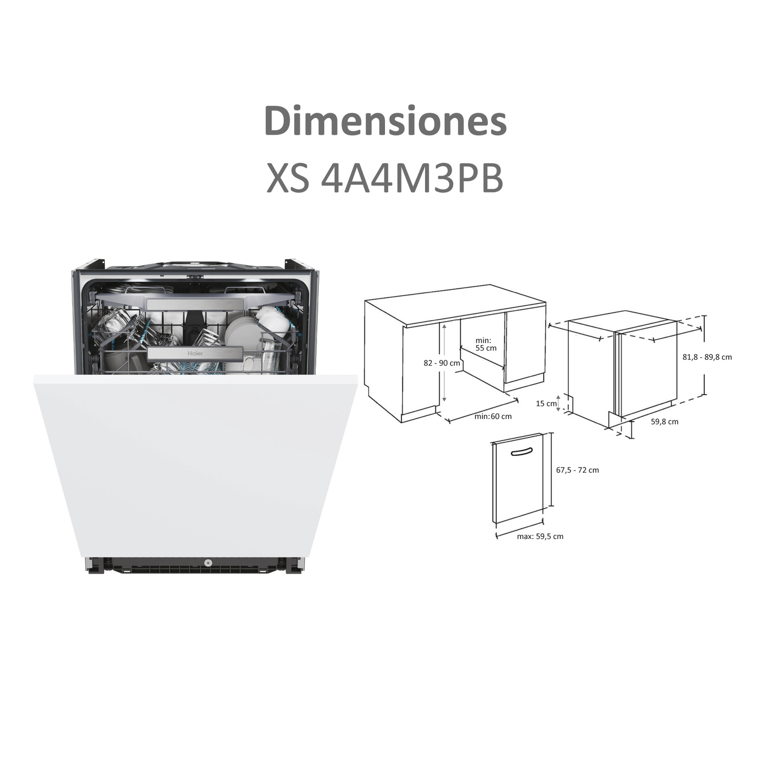 Lavavajillas blanco con dimensiones y diagramas. Texto 'Dimensiones XS 4A4M3PB'. Puerta abierta. Vista lateral con medidas.