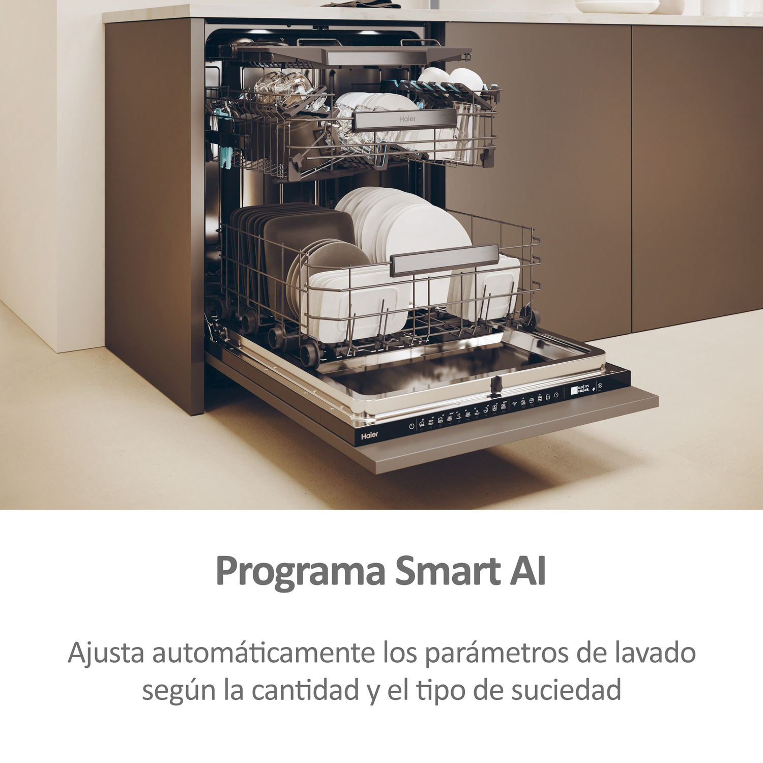Lavavajillas con puerta abierta, lleno de platos. Armario marrón al fondo. Texto debajo.