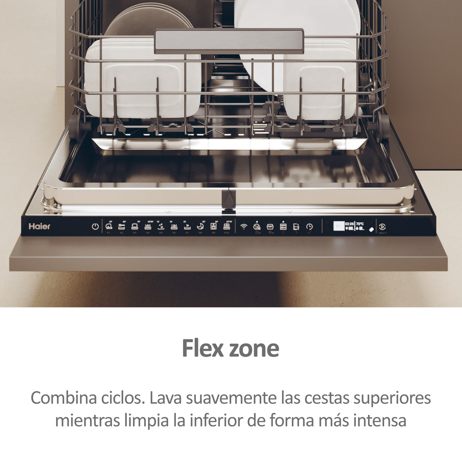Un lavavajillas con la puerta abierta, mostrando las rejillas. El logo Haier es visible.