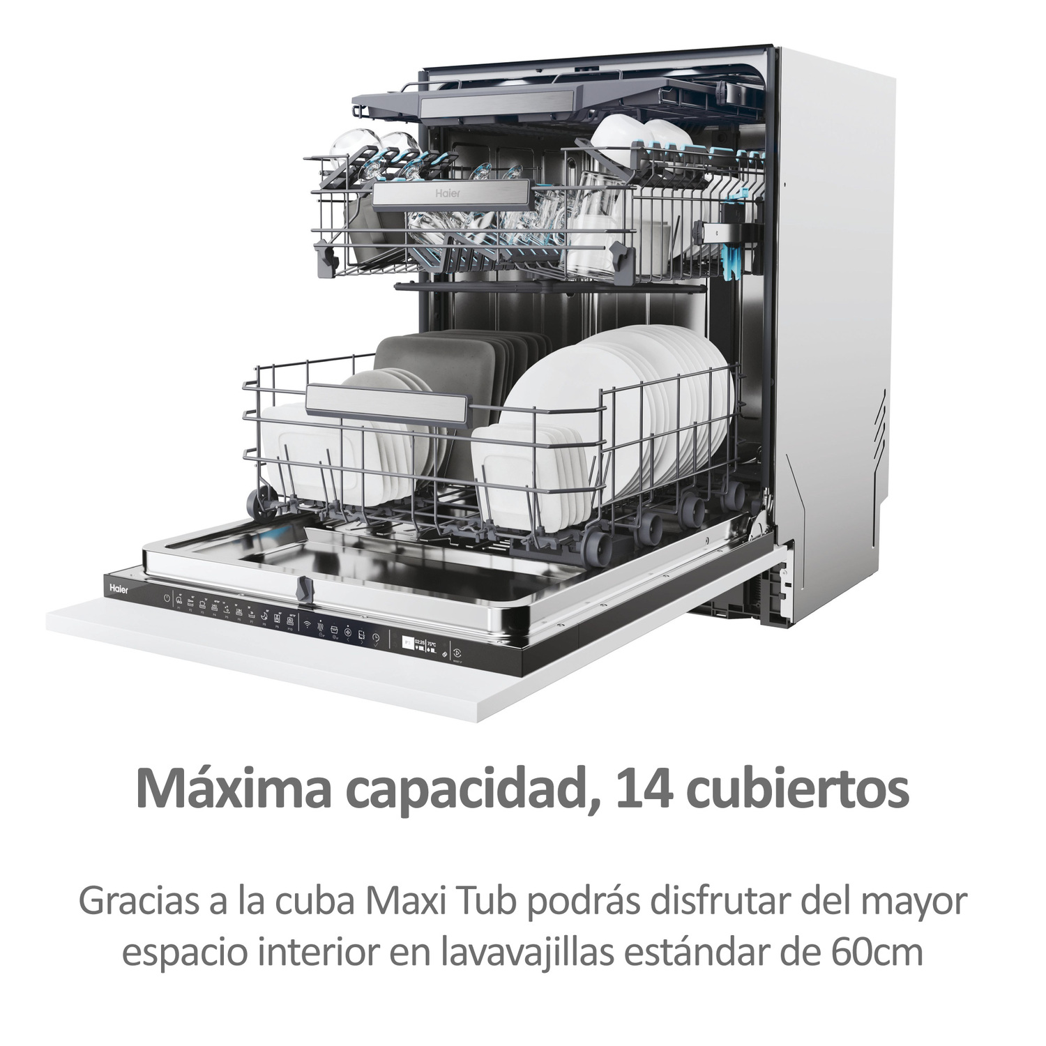 Lavavajillas con la puerta abierta, mostrando los platos dentro, con texto debajo, aislado sobre blanco.