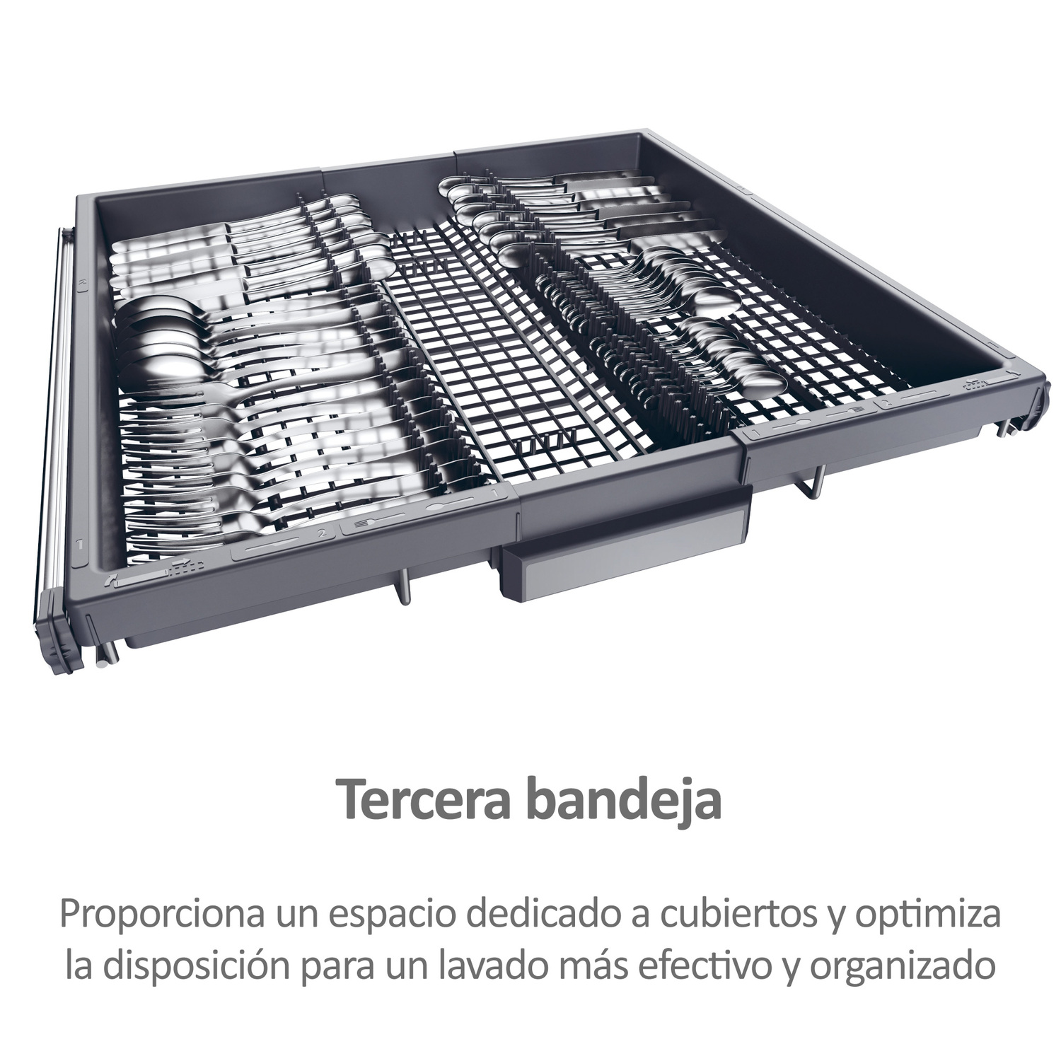 Tercera bandeja de lavavajillas llena de cubiertos. Texto: 'Tercera bandeja'.