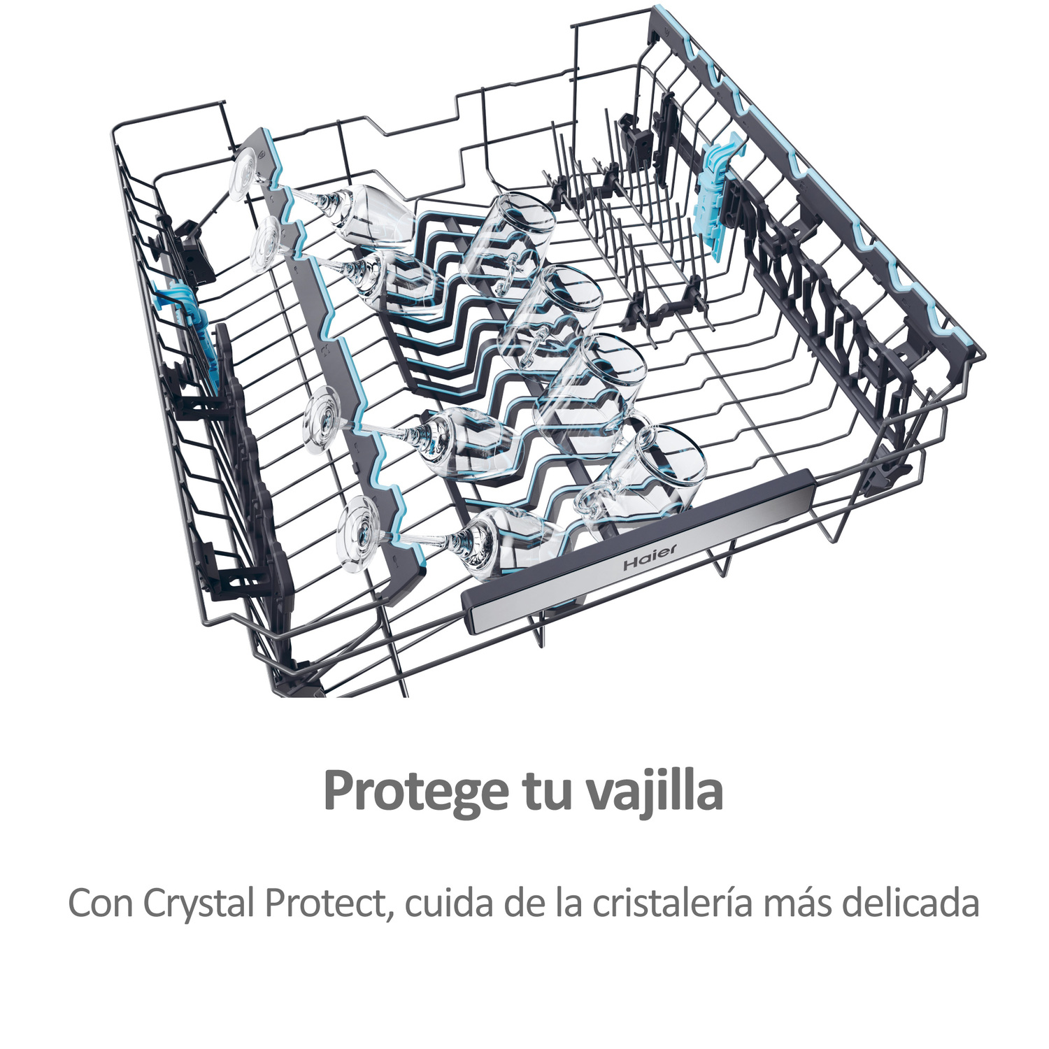 Cesta de lavavajillas con vasos, detalles azules.