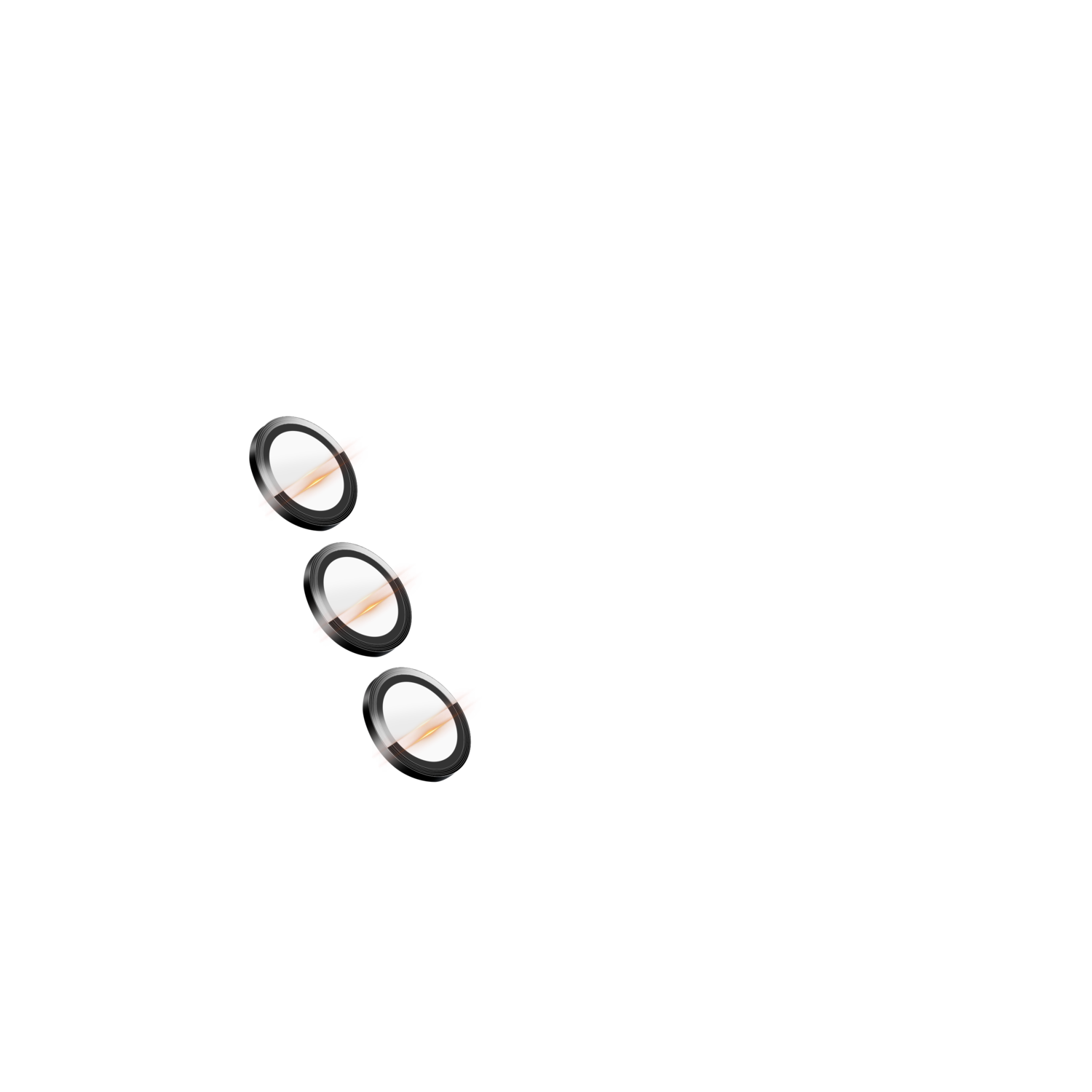 Drie zilveren lichten met oranje accenten zijn geïsoleerd op een zwarte achtergrond. Elk heeft een rode accent en een wit centrum.