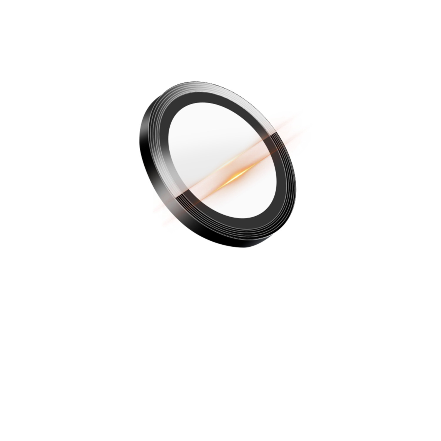 Zwarte en zilveren ring met een wit midden. Oranje licht is zichtbaar.