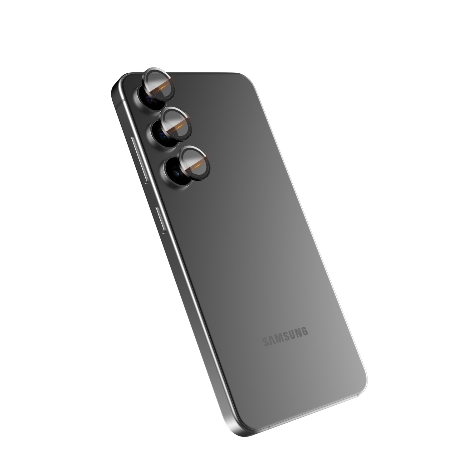 Zilveren telefoon met drie cameralenzen, schuine weergave. Samsung-logo zichtbaar.