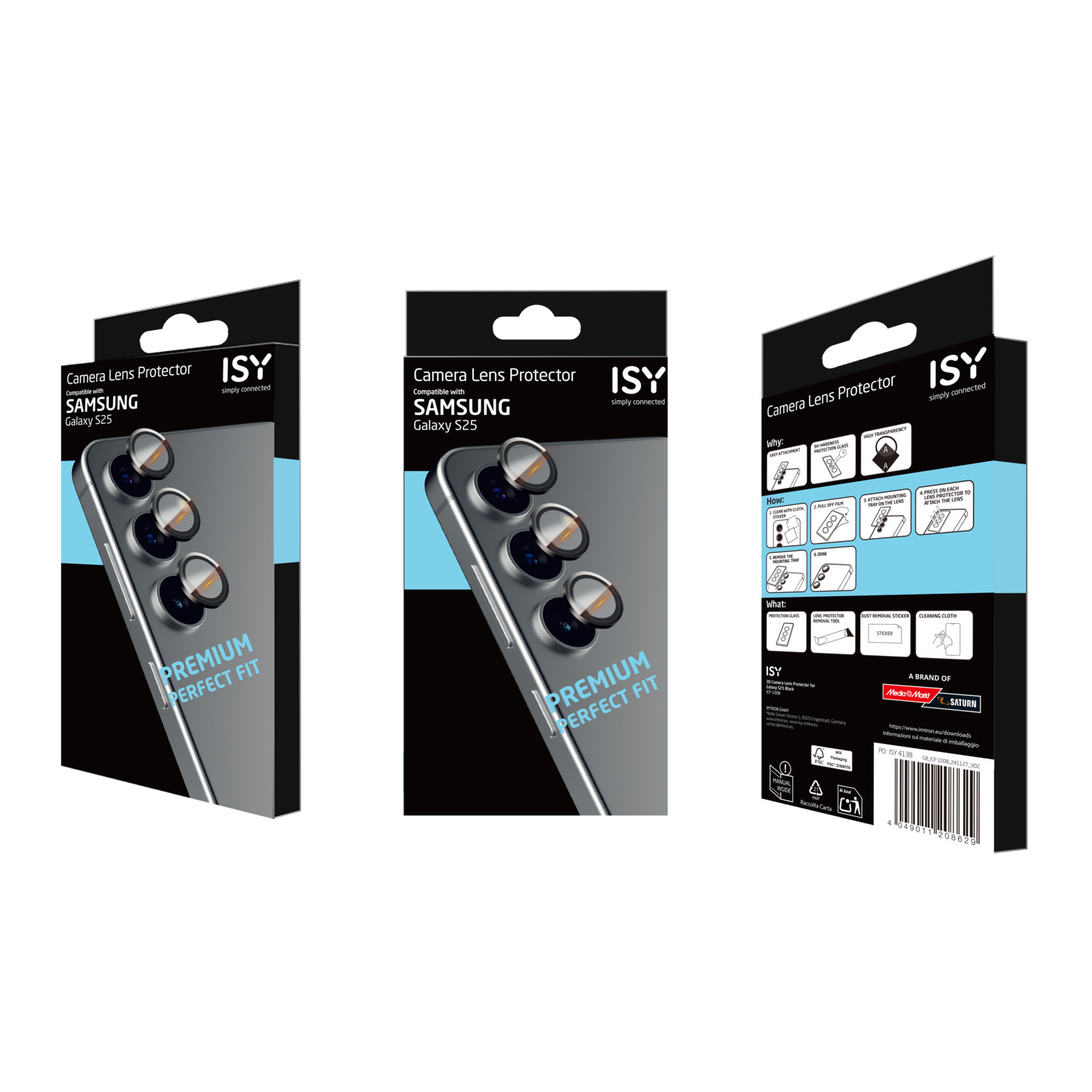 Drie dozen cameralensbeschermers voor een Samsung Galaxy S25, schuine weergave, witte achtergrond.