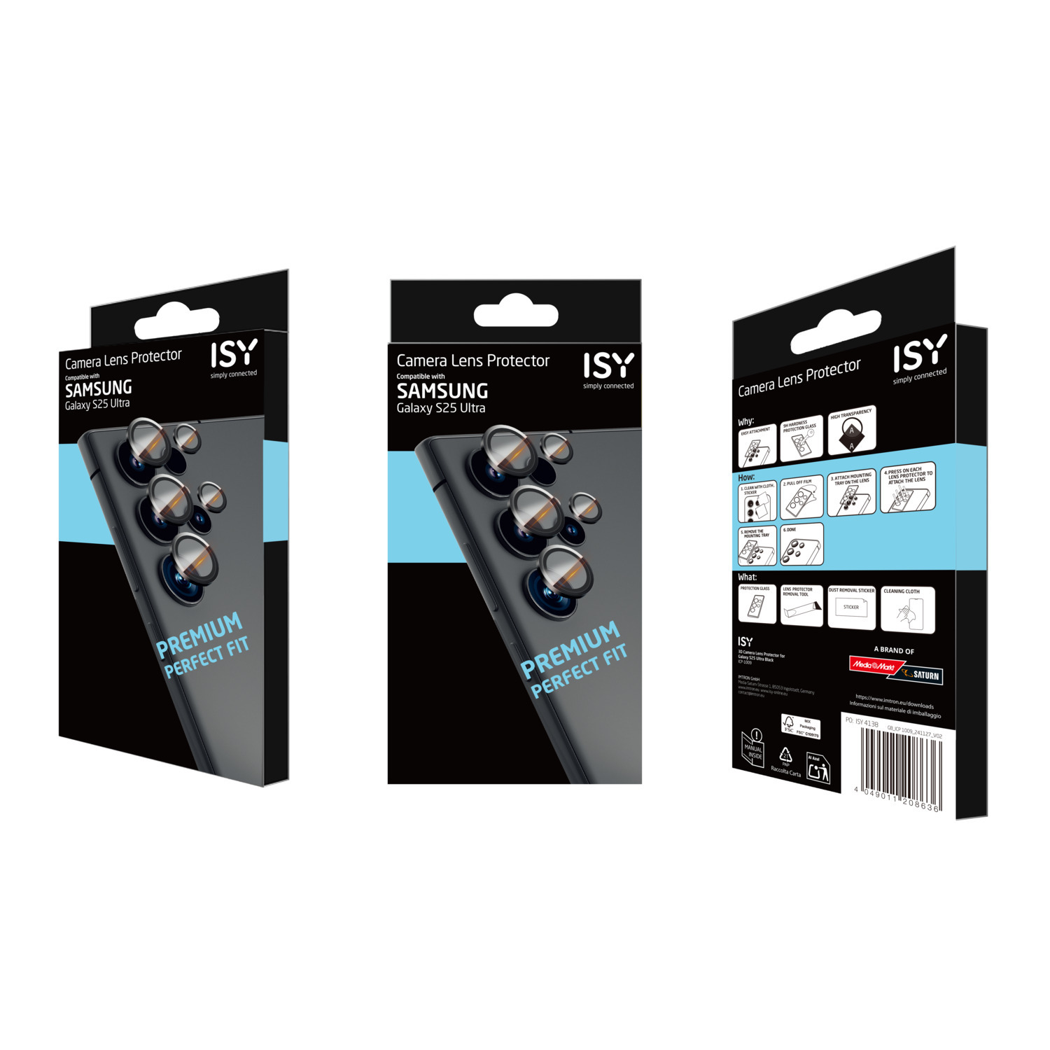 Drie dozen, elk met een telefoon camerabeschermer, met de merknaam en productdetails.