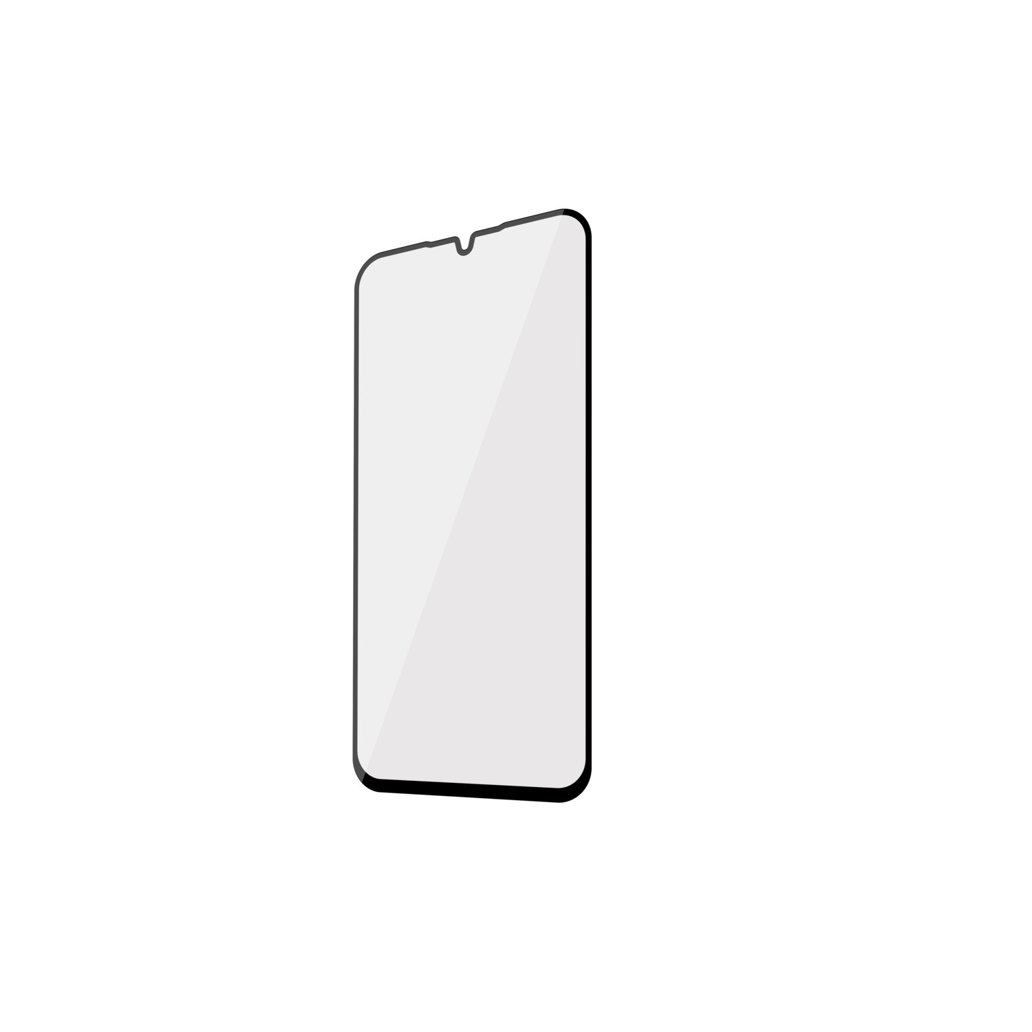 A glass screen protector for a phone, on a white background.