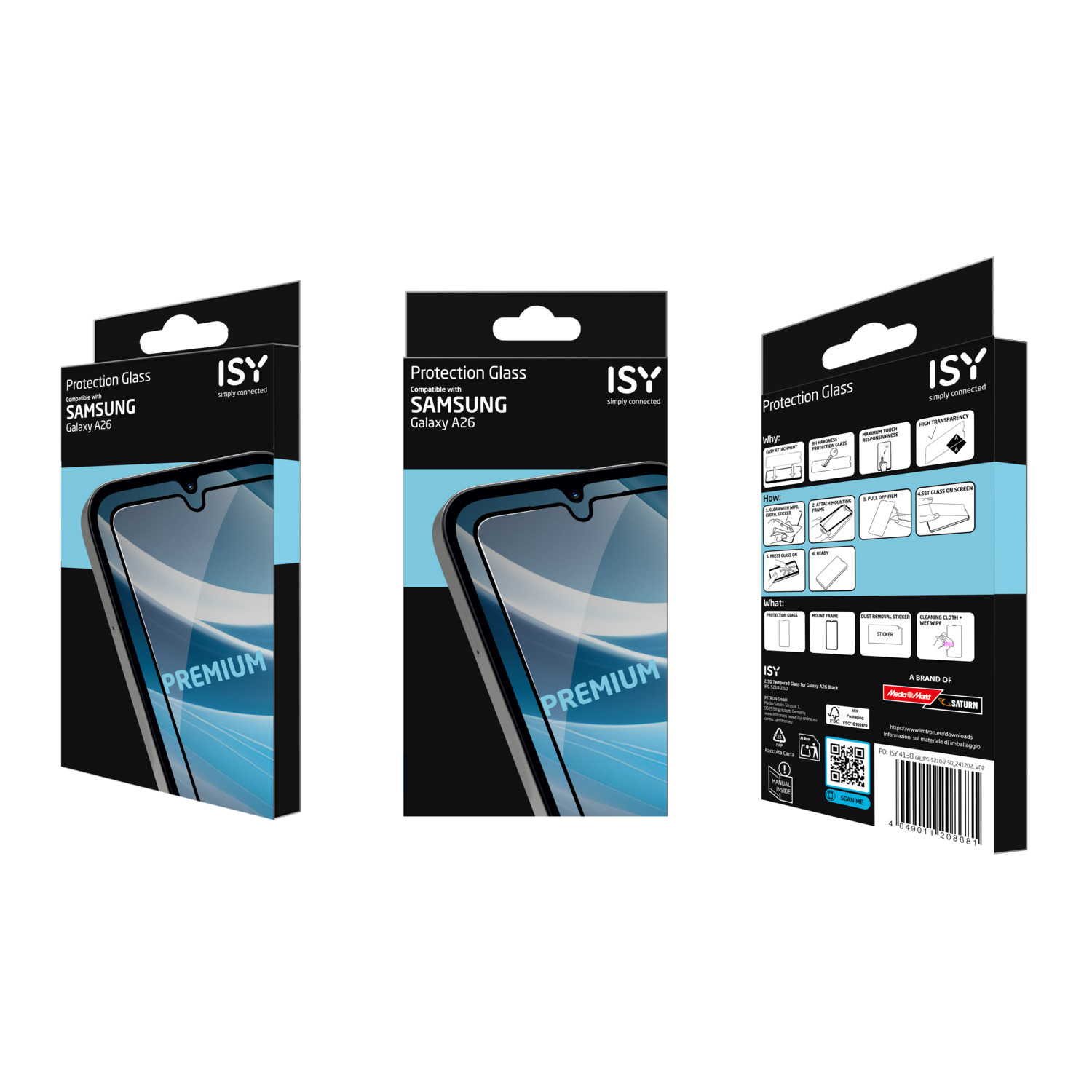 Three boxes of ISY Protection Glass for Samsung Galaxy A26. Each box shows the phone's screen and features.