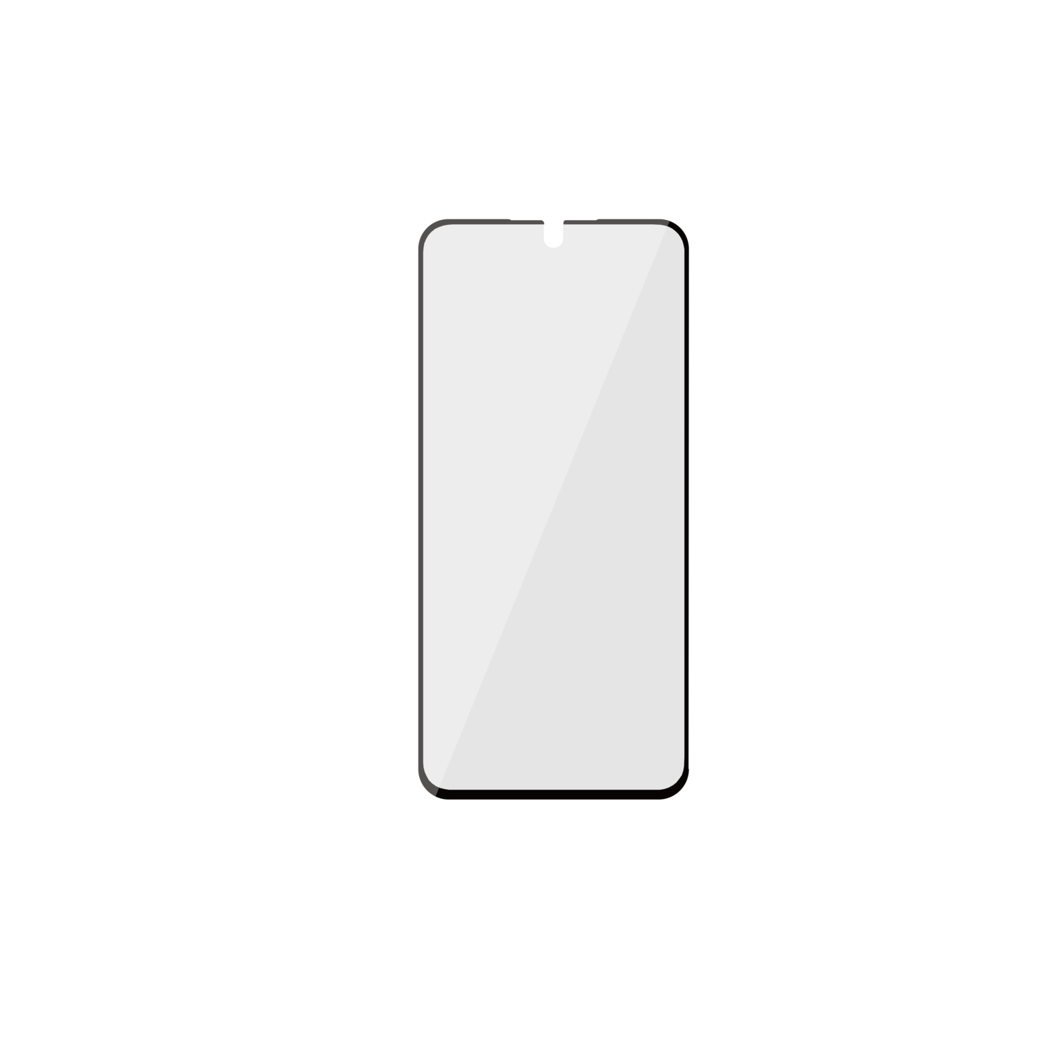 Smartphone screen, tilted with a bright light reflection, set against black.